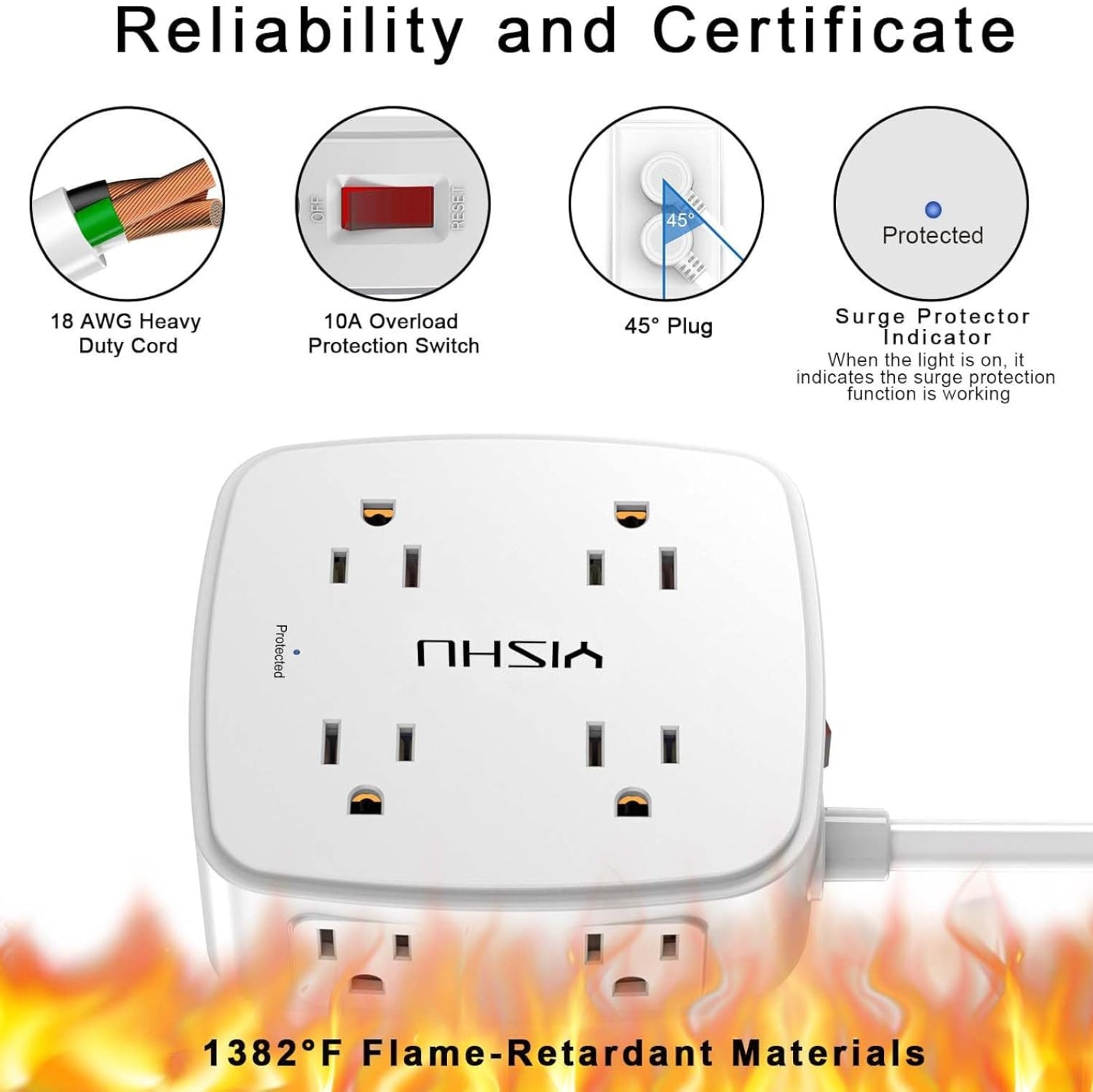 Power strip with safety features and certification details on a white background