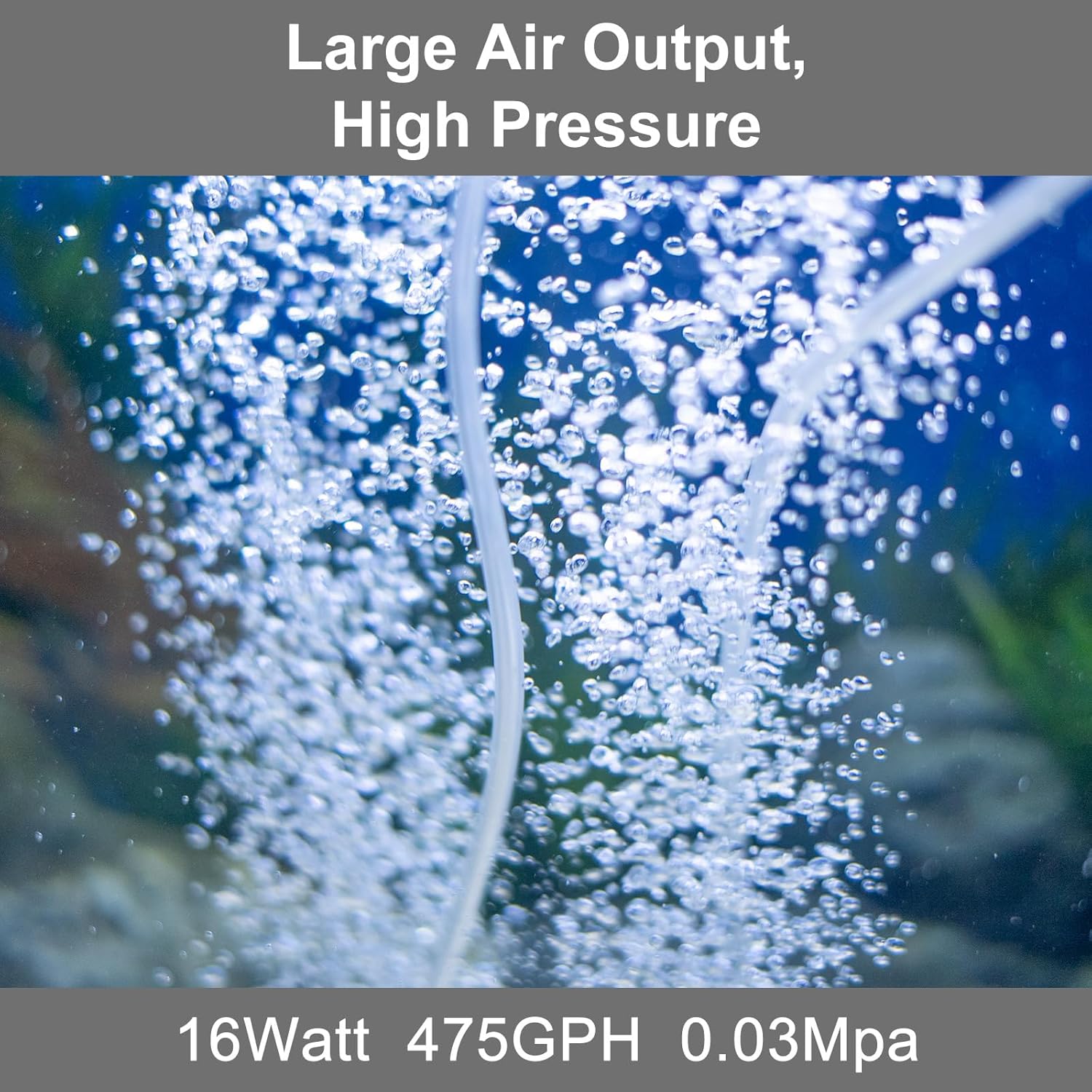 AquaMiracle 6/8/16W quiet fish tank air pump with 200/317/475 GPH airflow, compact and energy-efficient for aquarium aeration.