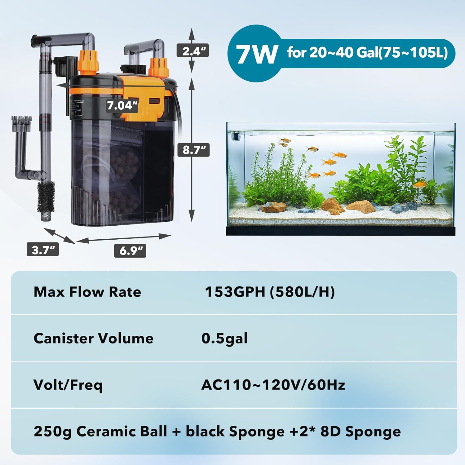 hygger external hang-on-back canister aquarium filter for fish tanks, quiet and efficient filtration system with adjustable flow