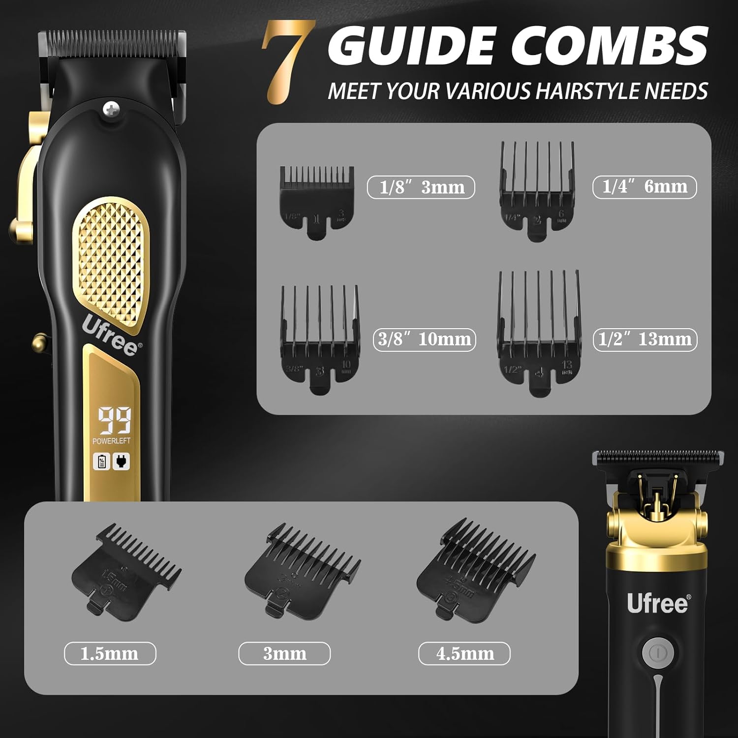 Ufree professional cordless clippers and trimmers set for men, showing sleek black hair grooming tools with attachments.