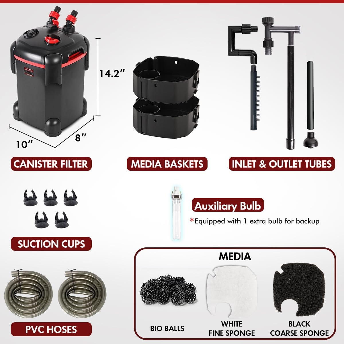 225GPH Canister Filter, External Aquarium Filter Ultra-Quiet Water Circulation