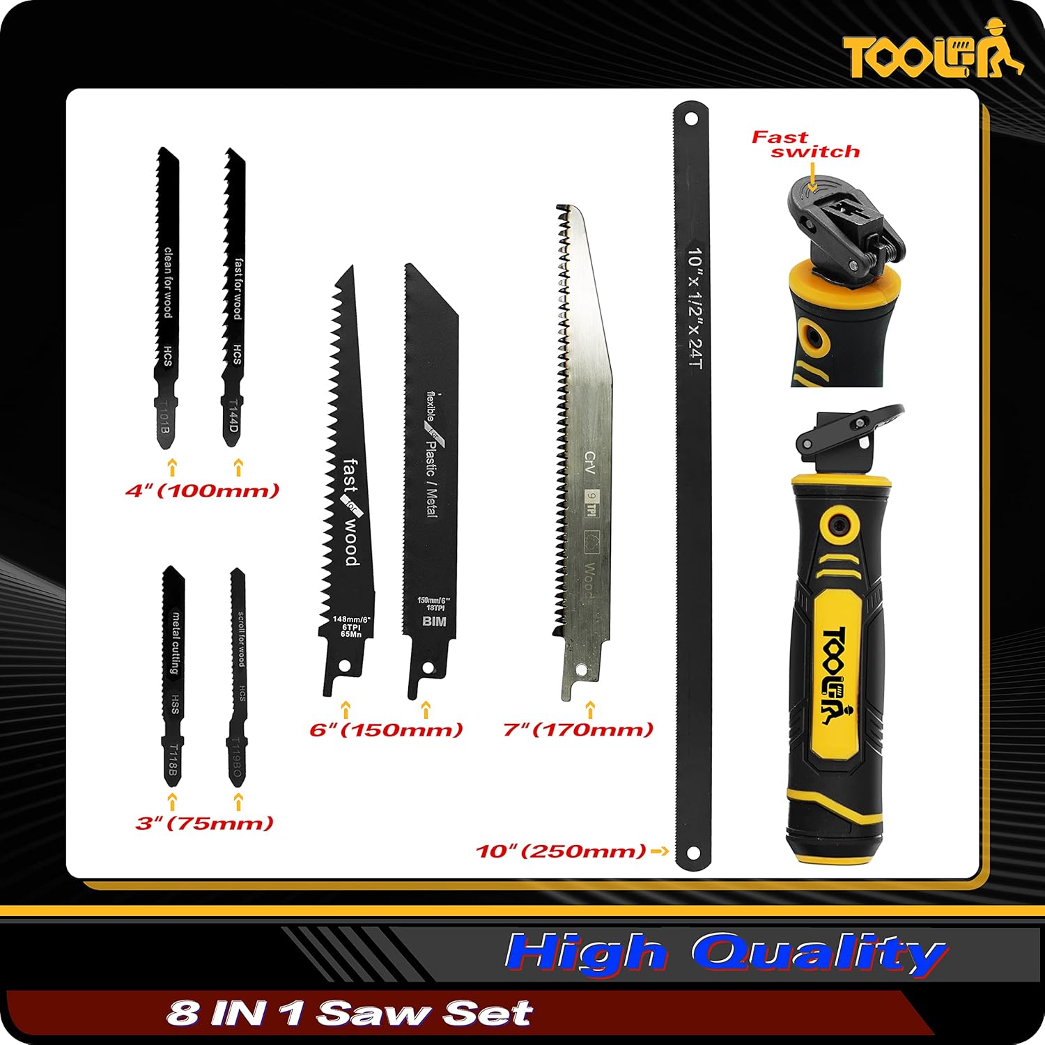 TOOLAN 8-in-1 multi blades hand saw with long blade, drywall cutter, and hacksaw for versatile cutting tasks.
