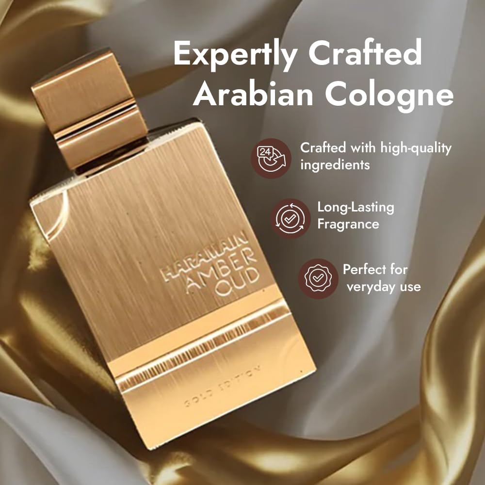 Al Haramain Amber Oud Gold Edition perfume bottle with gold accents, unisex Arabian perfume for women and men.