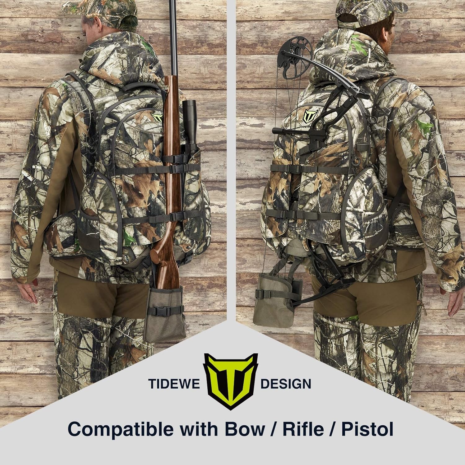 TIDEWE waterproof camo hunting backpack with multiple compartments and rain cover, designed for outdoor hunting adventures.