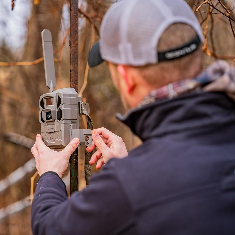 Tactacam REVEAL X Gen 3.0 cellular trail camera with multi-carrier setup, capturing HD photos and videos for wildlife monitoring.