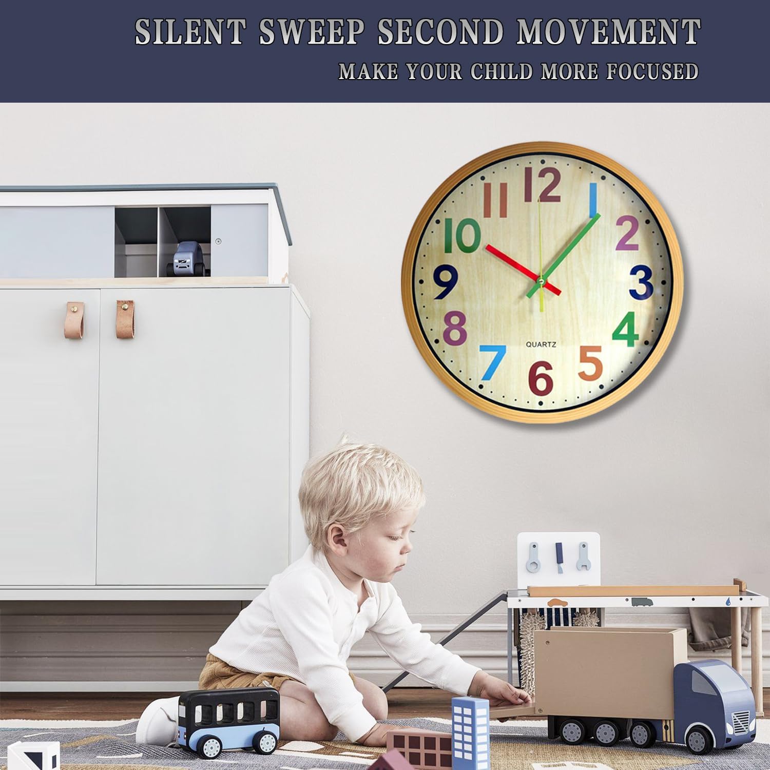 Colorful 12-inch TOHOOYO wall clock with easy-to-read numbers and silent, non-ticking battery-operated movement.