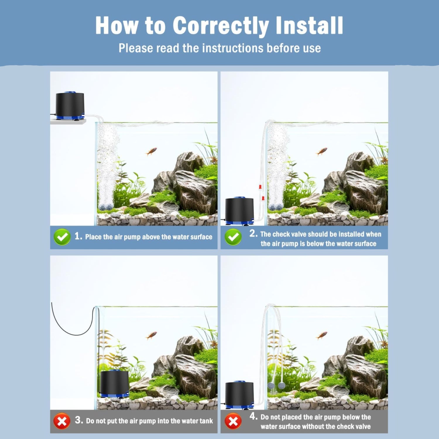 AQQA aquarium air pump in black with control knobs, compact design, and power settings for fish tank aeration.