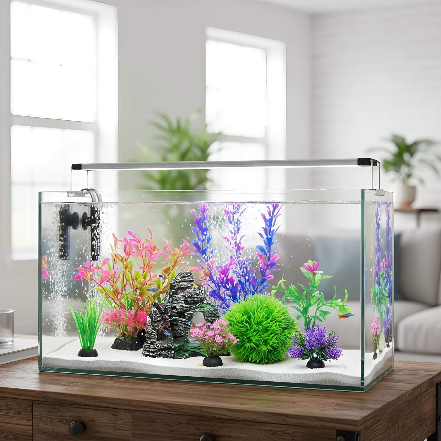 Ameliade aquarium artificial plastic plants and rock cave decoration, colorful underwater habitat for fish tanks