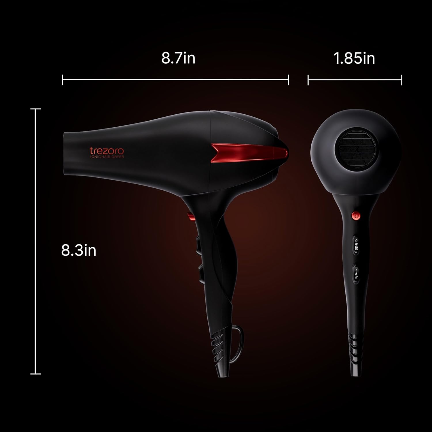 TREZORO professional hair dryer with ionic ceramic tourmaline technology, featuring a sleek black design and multiple speed settings.