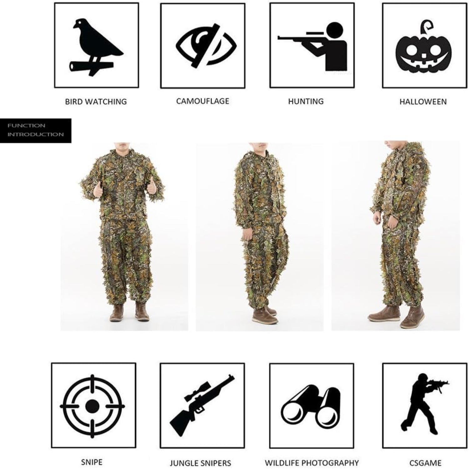 EAmber ghillie suit with leafy green camouflage, 3D leaf pattern, designed for hunting and blending into forest environments.