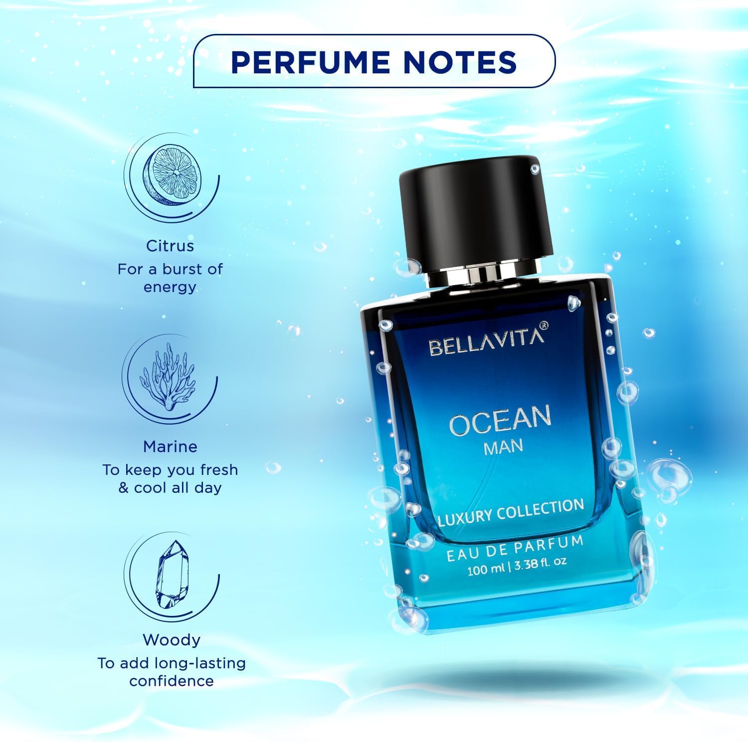 BellaVita Luxury Ocean Eau de Perfume for Men, 100ml bottle with aquatic notes, bergamot, orchid, jasmine, masculine fragrance