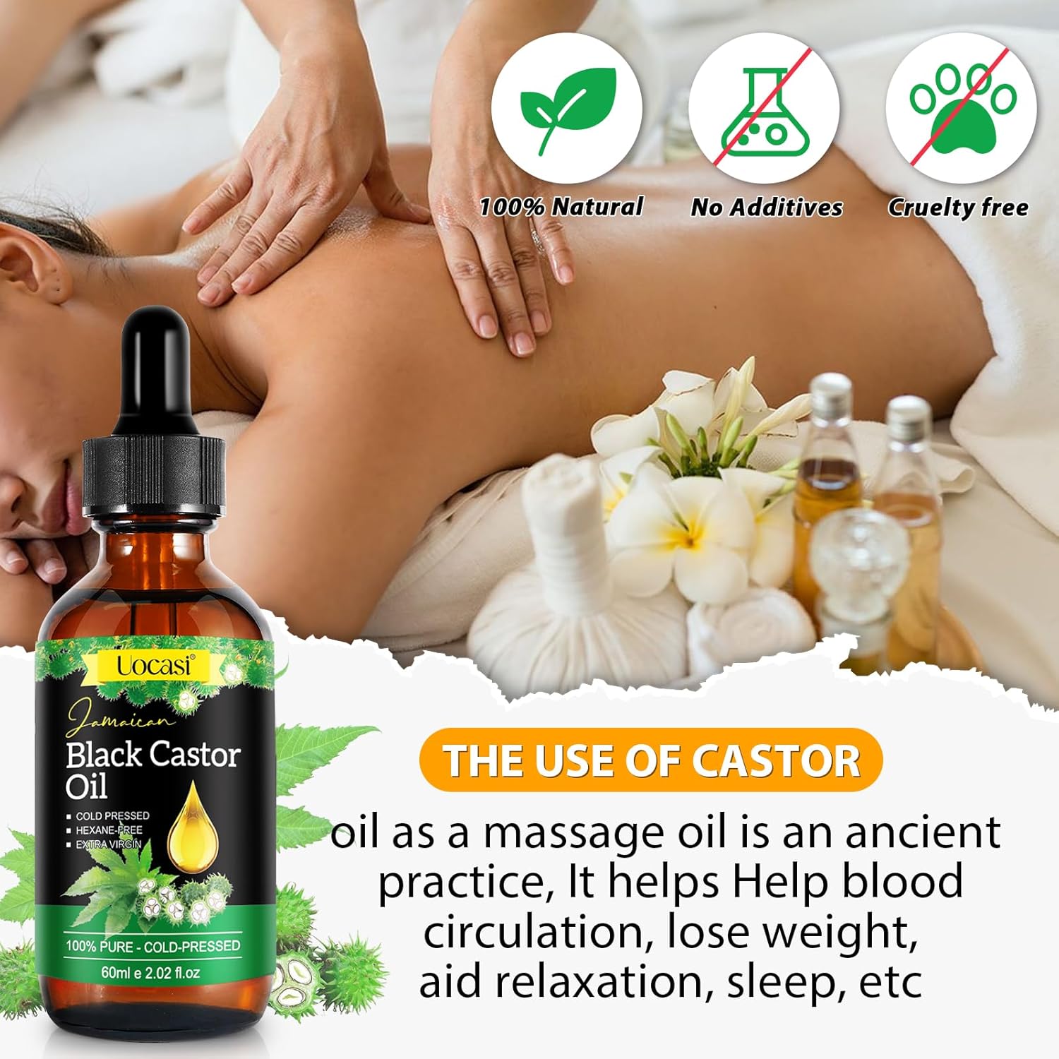 Uocasi Jamaican Black Castor Oil in glass bottle, 100% pure, organic, cold-pressed for hair and skin care.