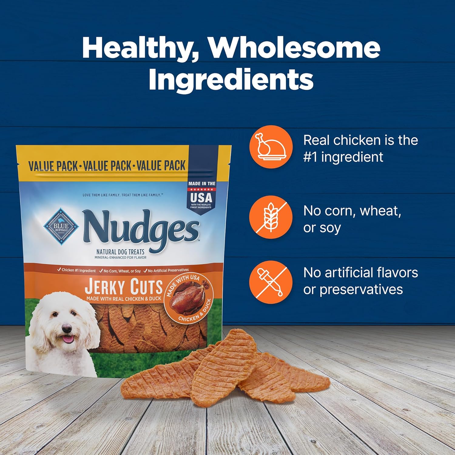 Blue Buffalo Nudges Jerky Cuts dog treats in a resealable bag, showcasing natural beef jerky strips for dogs.