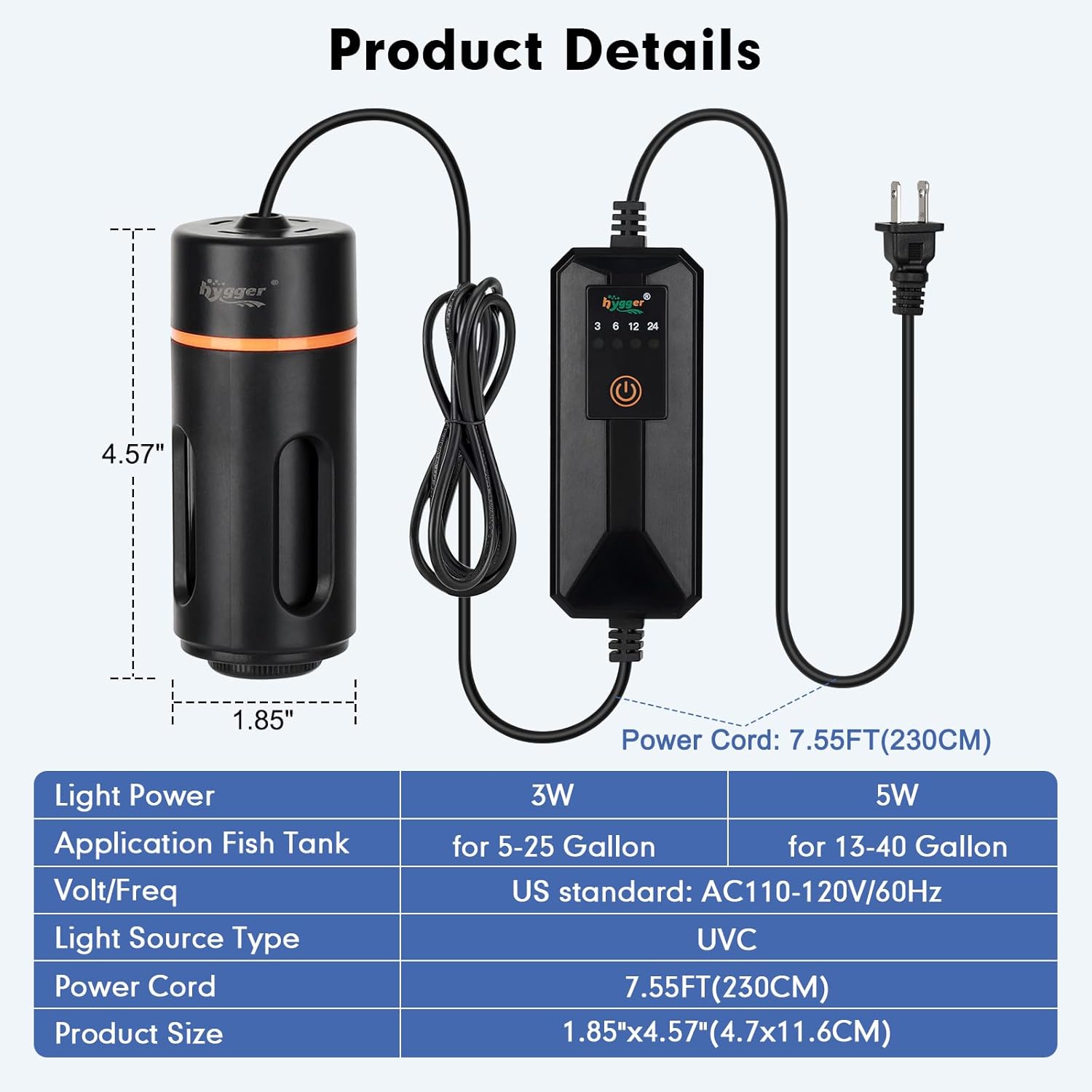 hygger Aquarium U-V Light with Timer, 360° protective shield, designed for aquarium illumination and UV sterilization.