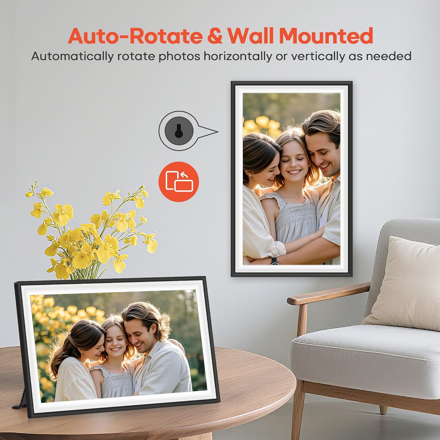 BIGASUO 15.6-inch WiFi digital picture frame displaying colorful photos, electronic photo frame with Frameo technology