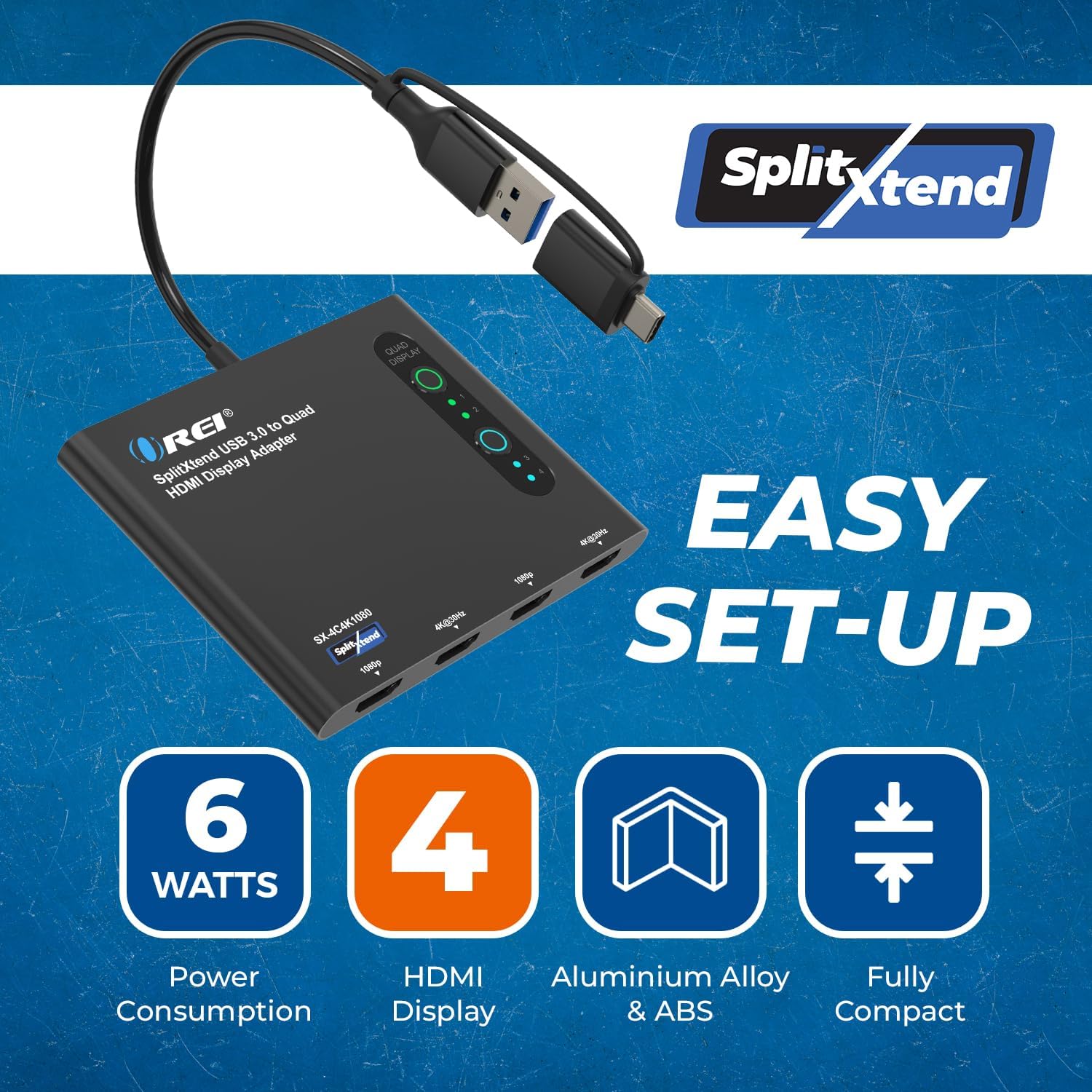 OREI SplitExtend HDMI splitter with multiple monitor outputs, showing connected cables and setup for quad monitor display.