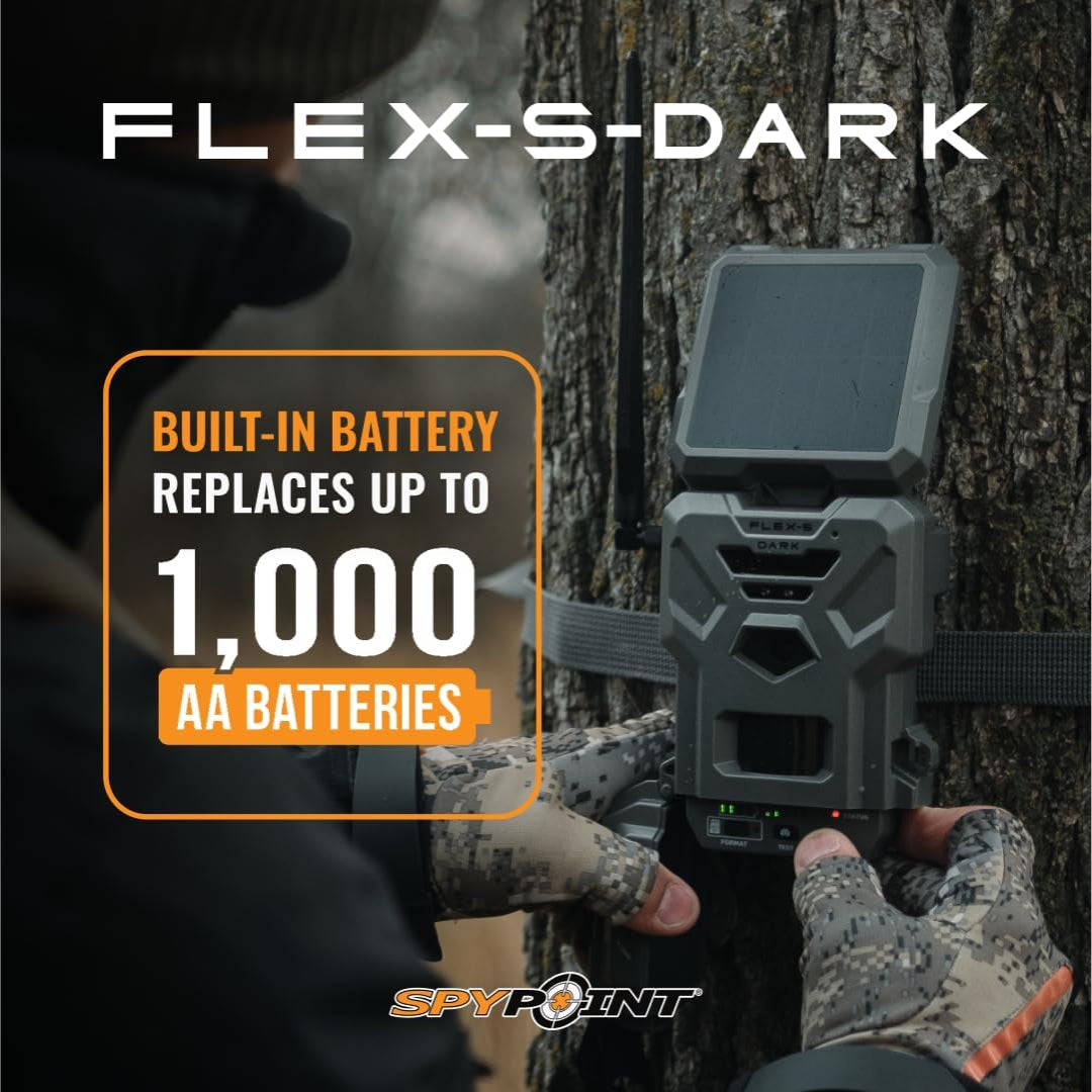 SPYPOINT Flex-S-Dark solar cellular trail camera with SD card in starter pack, showing camera lens and solar panel in outdoor setting