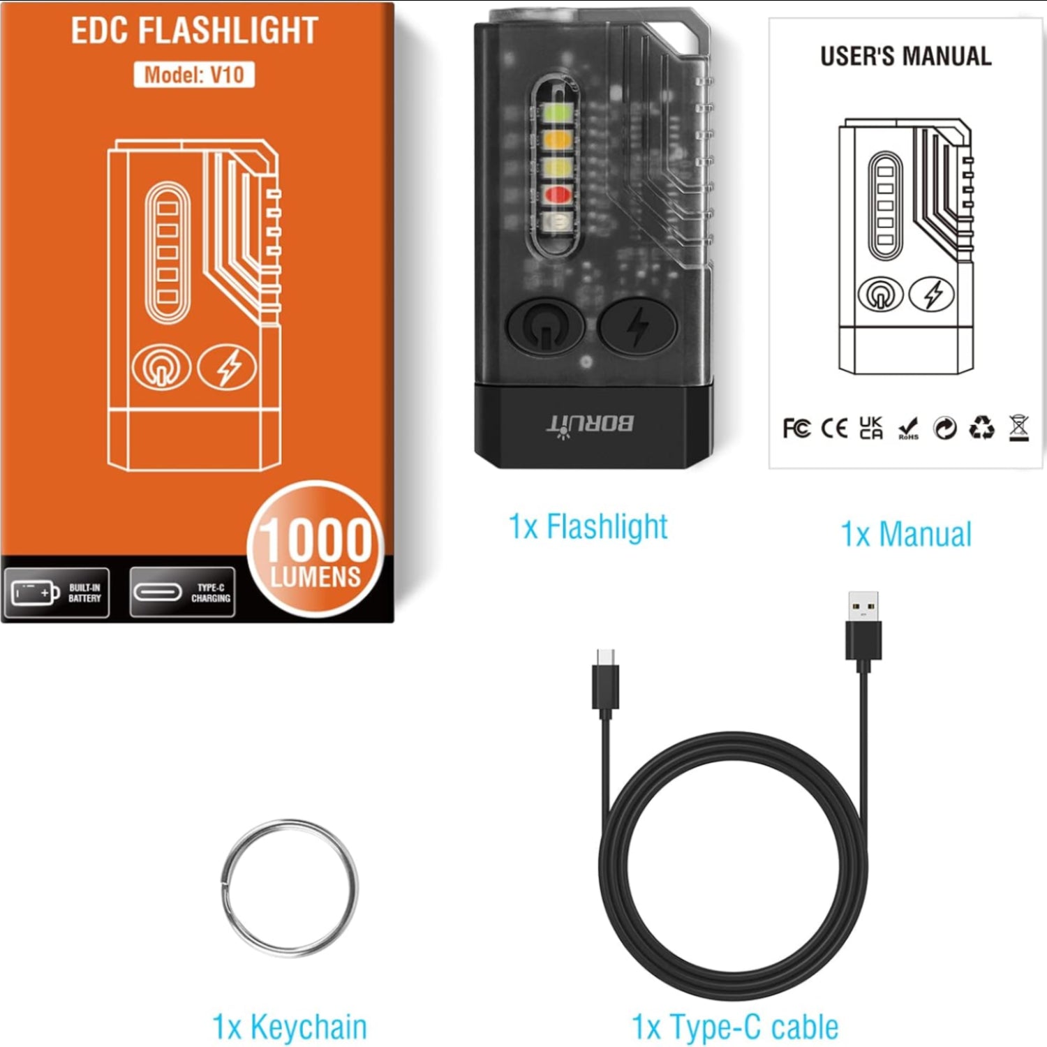 BORUIT V10 Small Powerful Keychain Flashlight with 365nm UV Red Green Blue