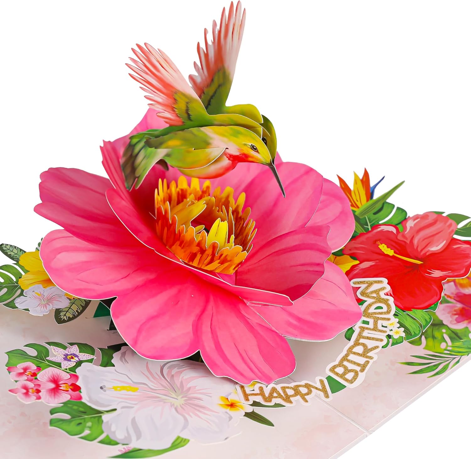 SISTIMON hummingbird pop-up birthday card for women featuring a colorful hummingbird perched on flowers.