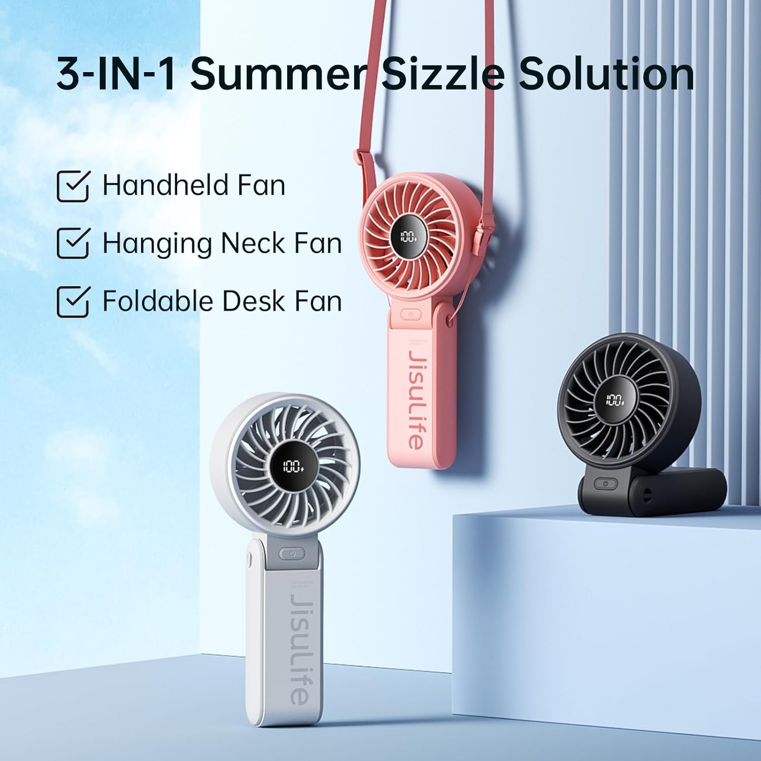 JISULIFE Handheld Fan Life7 with high-power motor, LED display and flexible design, shown in a close-up image