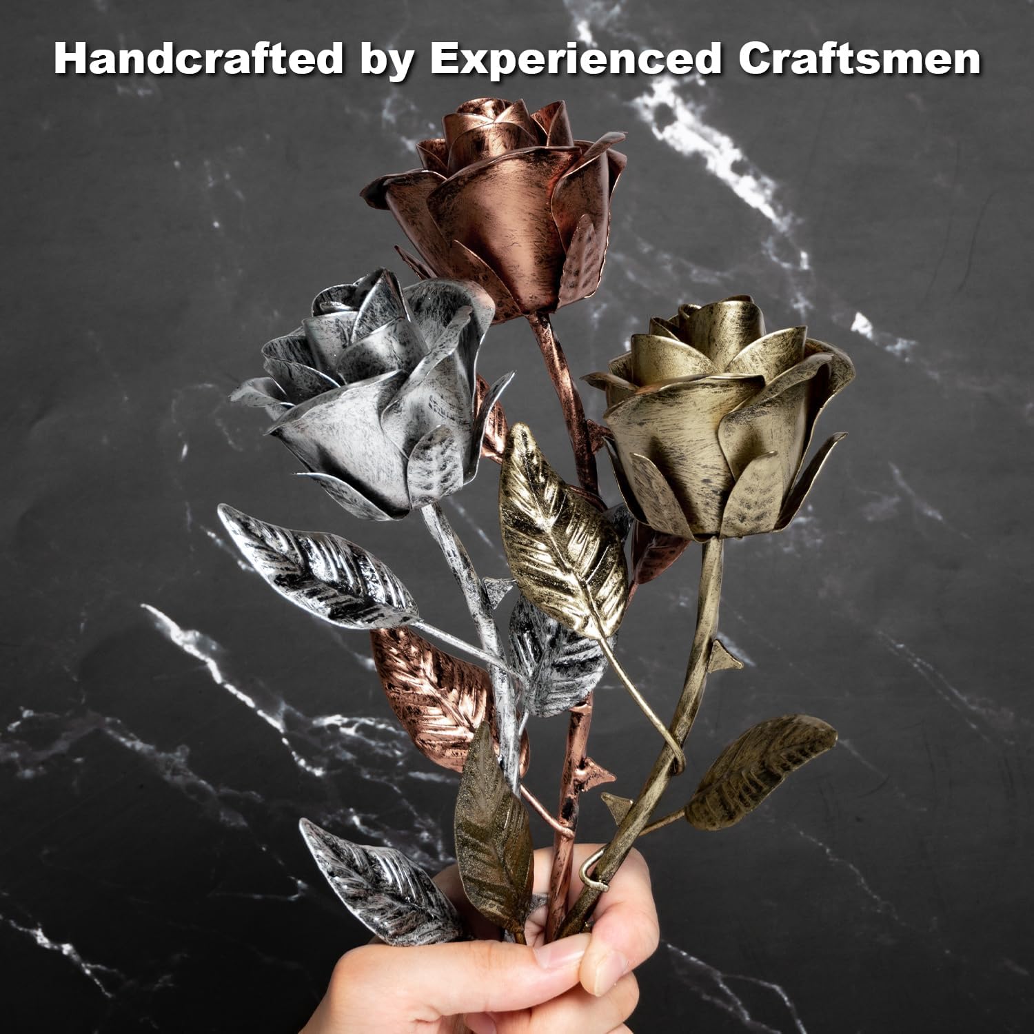 Copper metal rose gift for wife, celebrating 7th anniversary, with a delicate copper flower and intricate design.