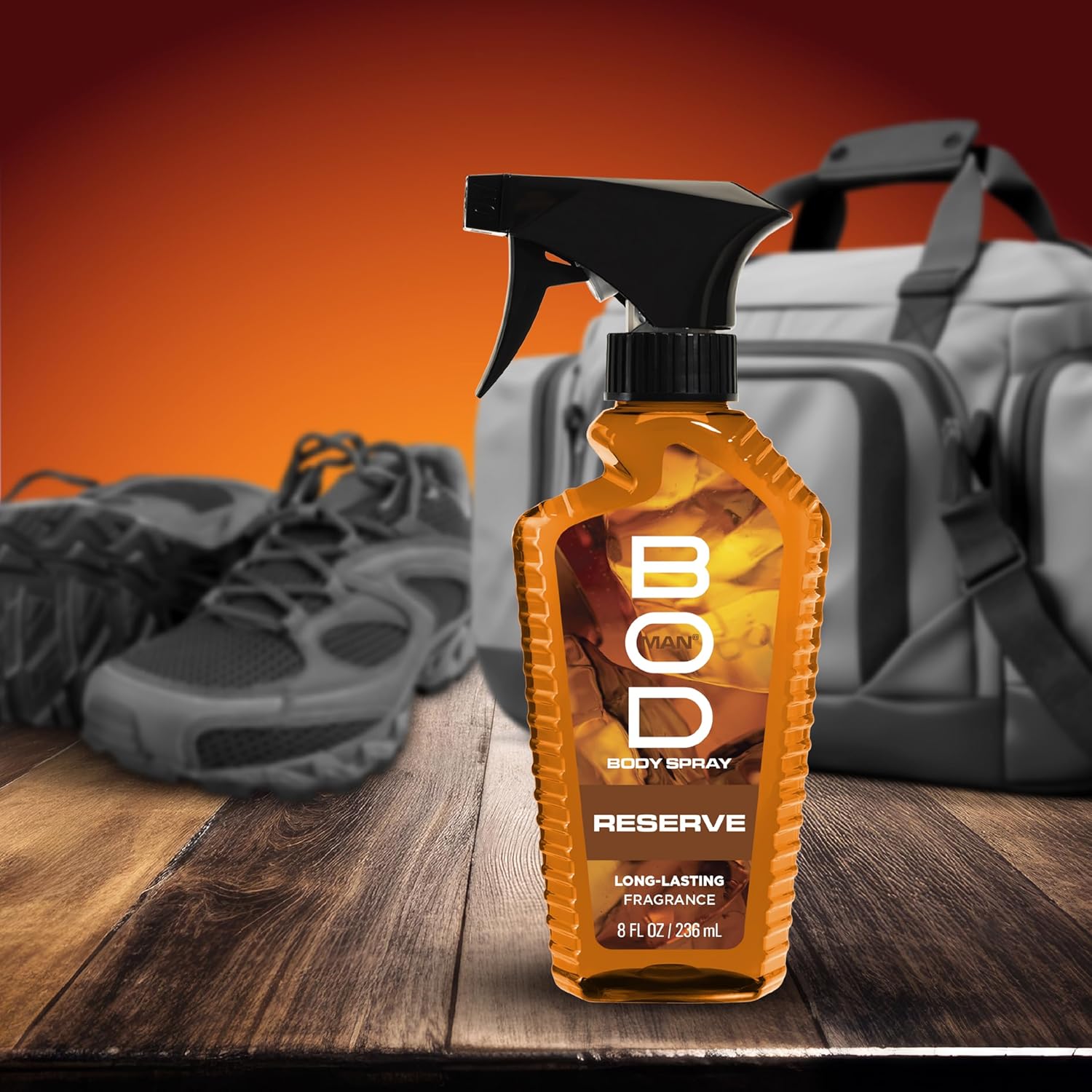 BOD Man Reserve fragrance body spray bottle with 8 fl oz capacity, shown in a sleek design.