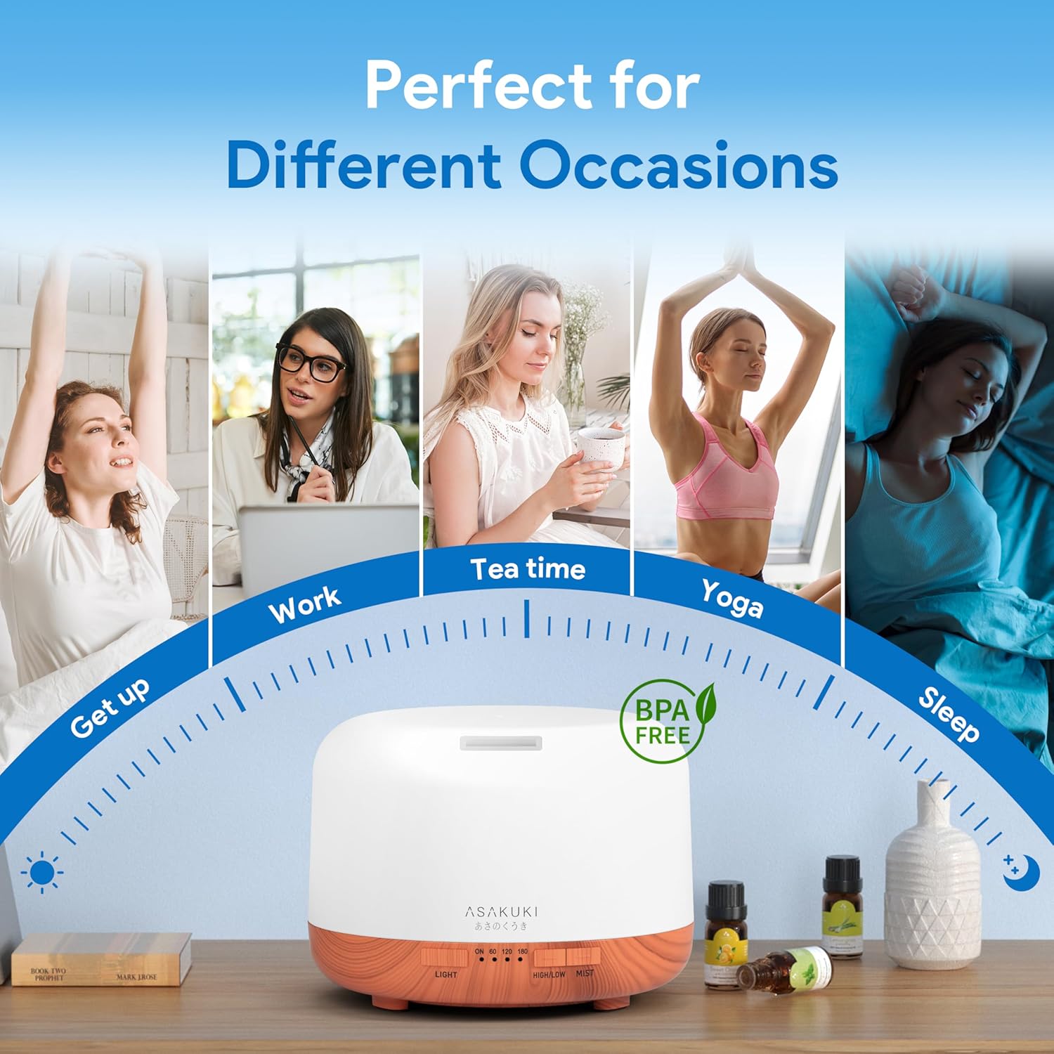 ASAKUKI 500ML essential oil diffuser for home aromatherapy, with a modern white design and misting function.
