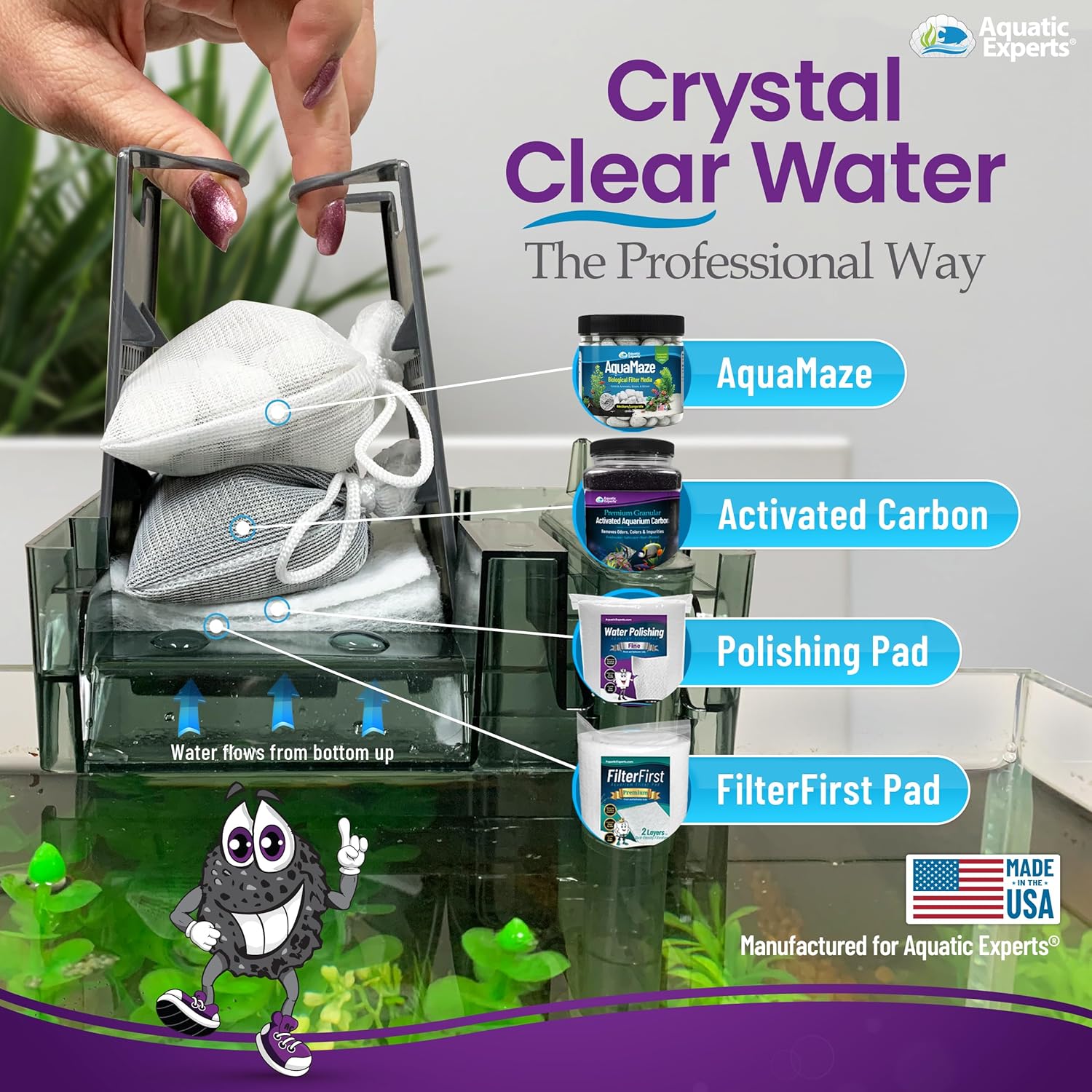 Premium activated carbon for fish tank filters by Aquatic Experts, showing black aquarium filter media for removing impurities.