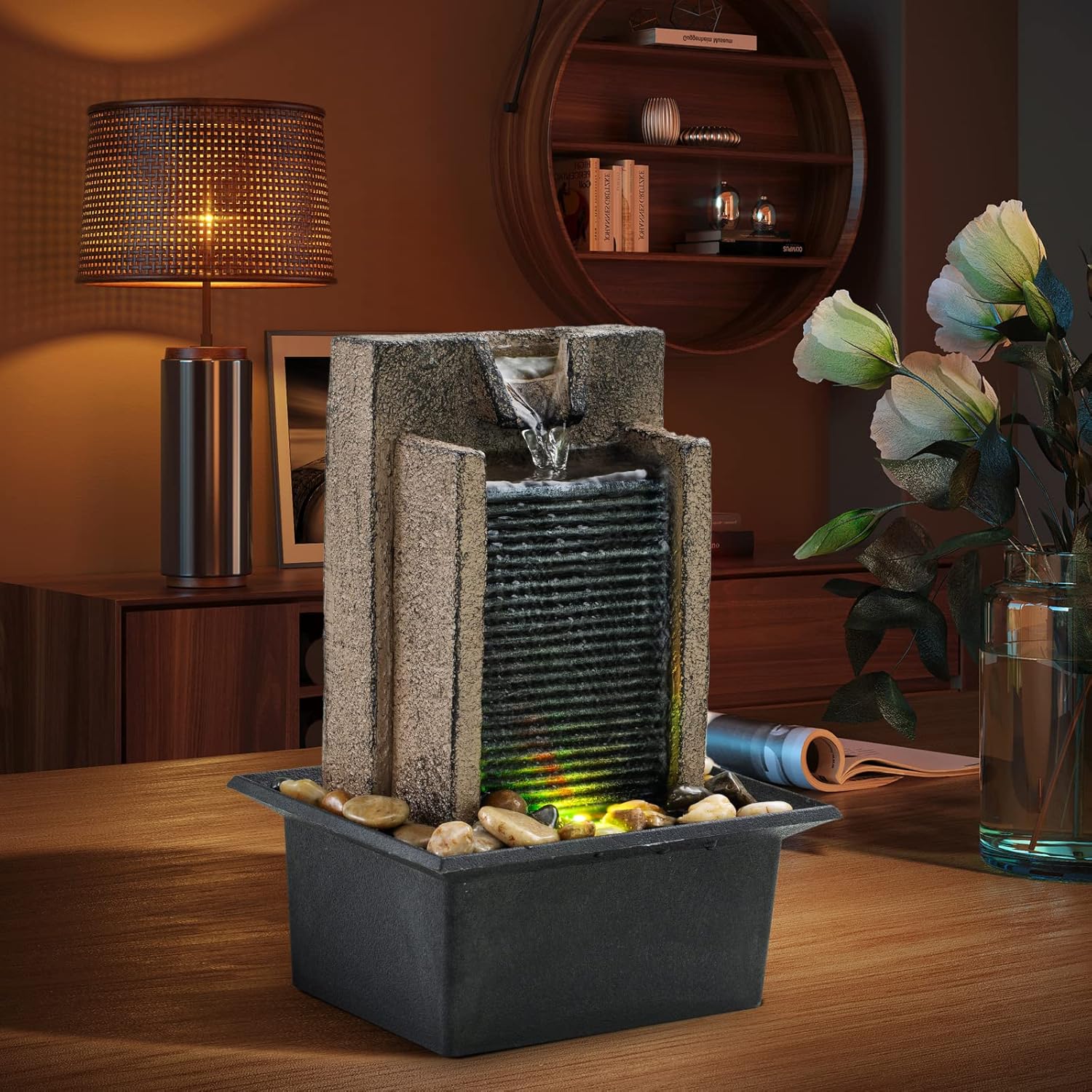 AMOOTEK tabletop water fountain with natural river rocks, relaxing home decor waterfall for indoor tranquility.