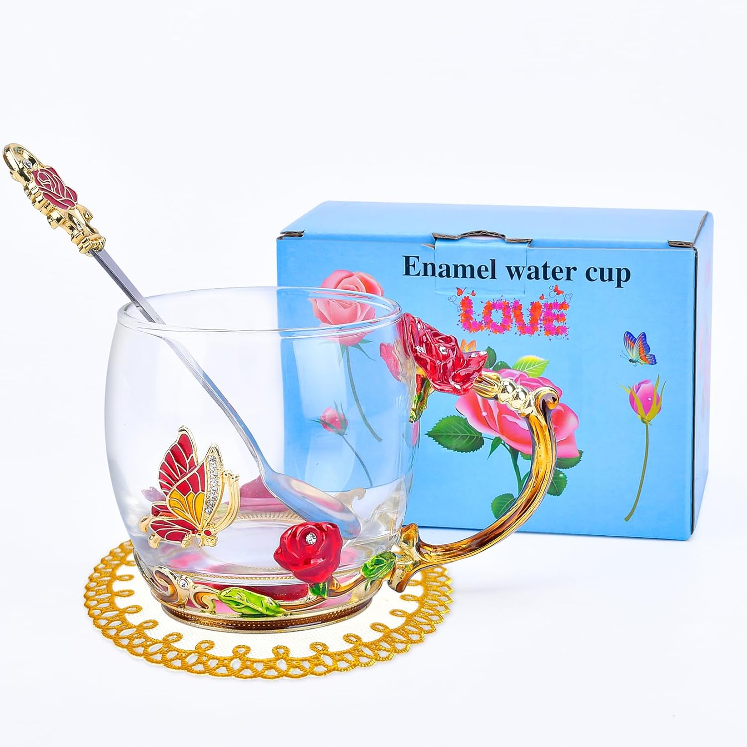 OEAGO glass coffee mug with floral enamel design, ideal Mother’s Day or Valentine’s Day gift for women.