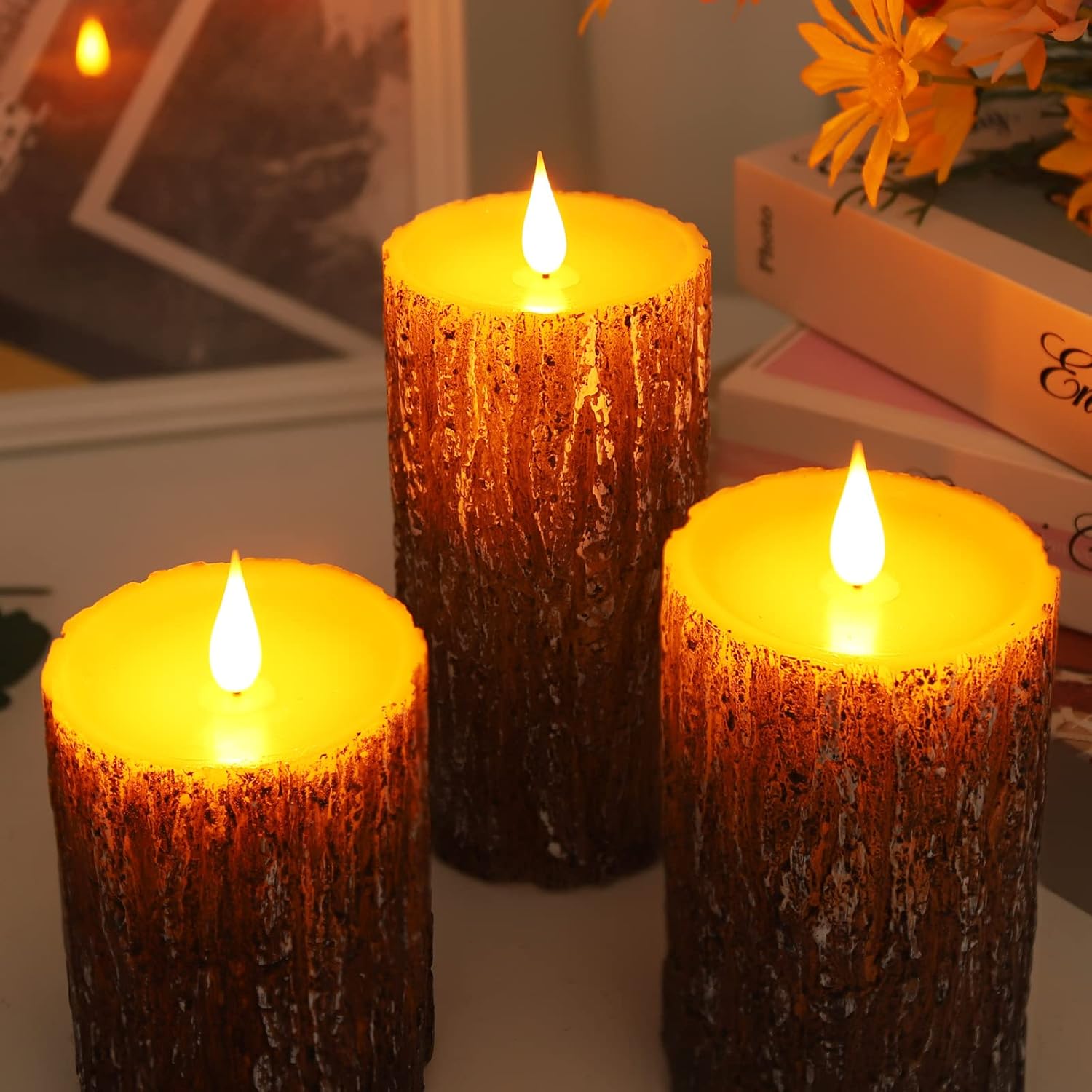 Enpornk flameless pillar candles with pine effect, real wax look, flickering 3D wick, battery operated LED for cozy ambiance