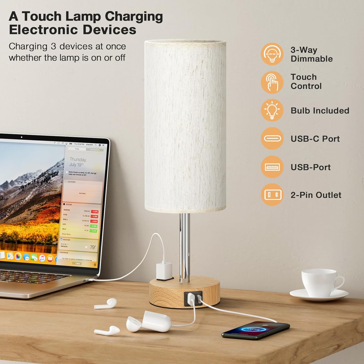 Fenmzee bedside table lamp with touch control, 3-way dimmable function, USB-C port, ideal for bedroom lighting.