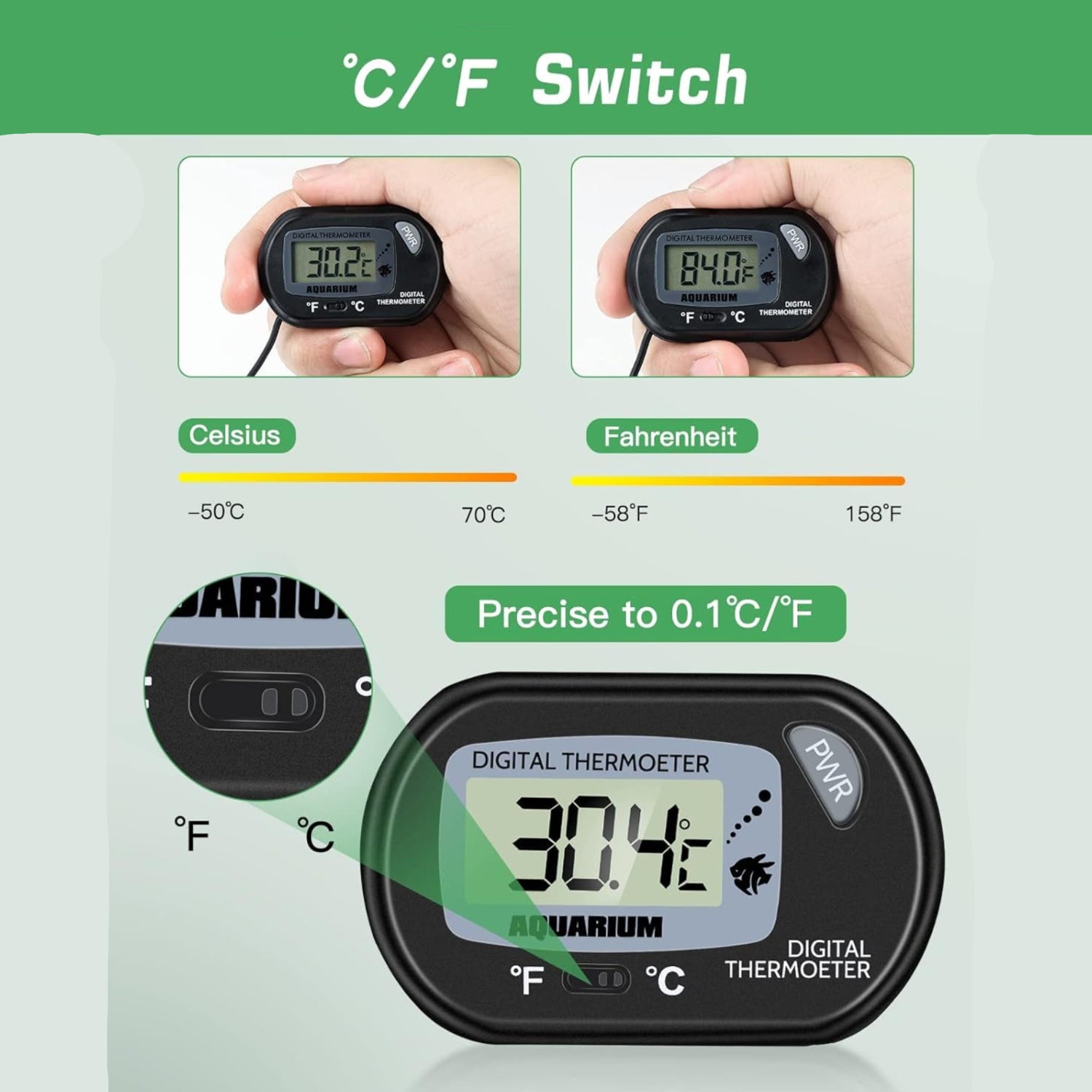 Zacro Petbank LCD digital aquarium thermometer displaying water temperature for fish tanks and terrariums.