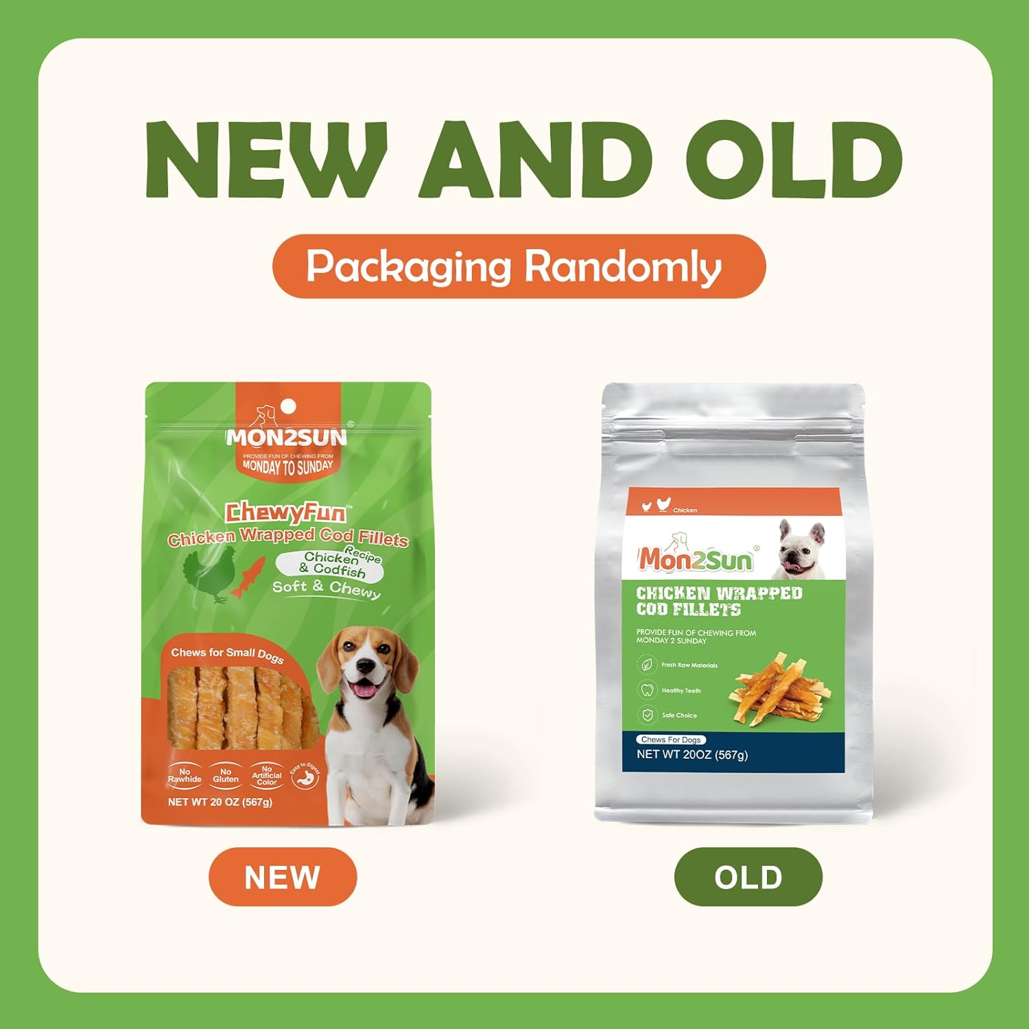 MON2SUN rawhide-free dog treats with chicken-wrapped cod fillet, 4-inch natural dog snacks for healthy chewing.