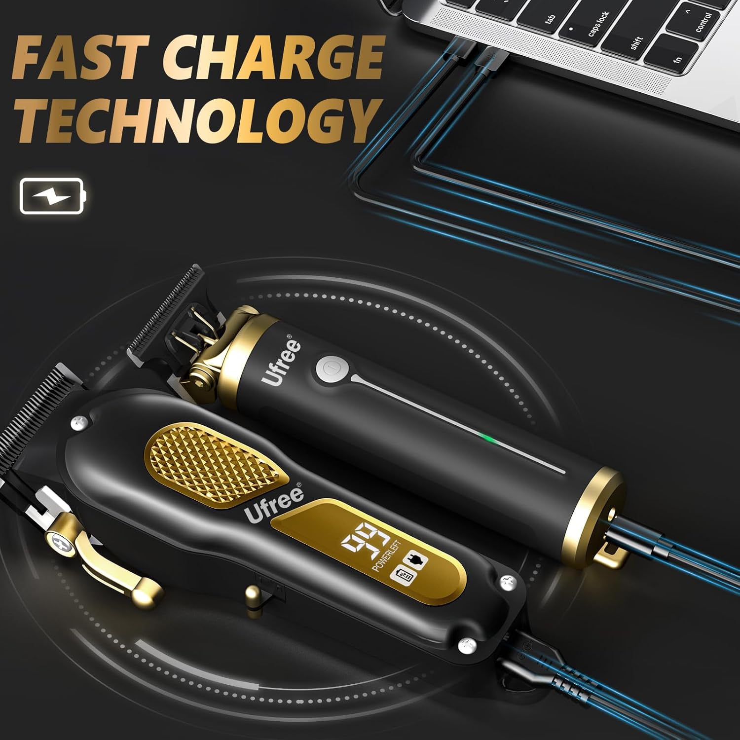 Ufree professional cordless clippers and trimmers set for men's hair grooming, featuring multiple attachments and a sleek design.