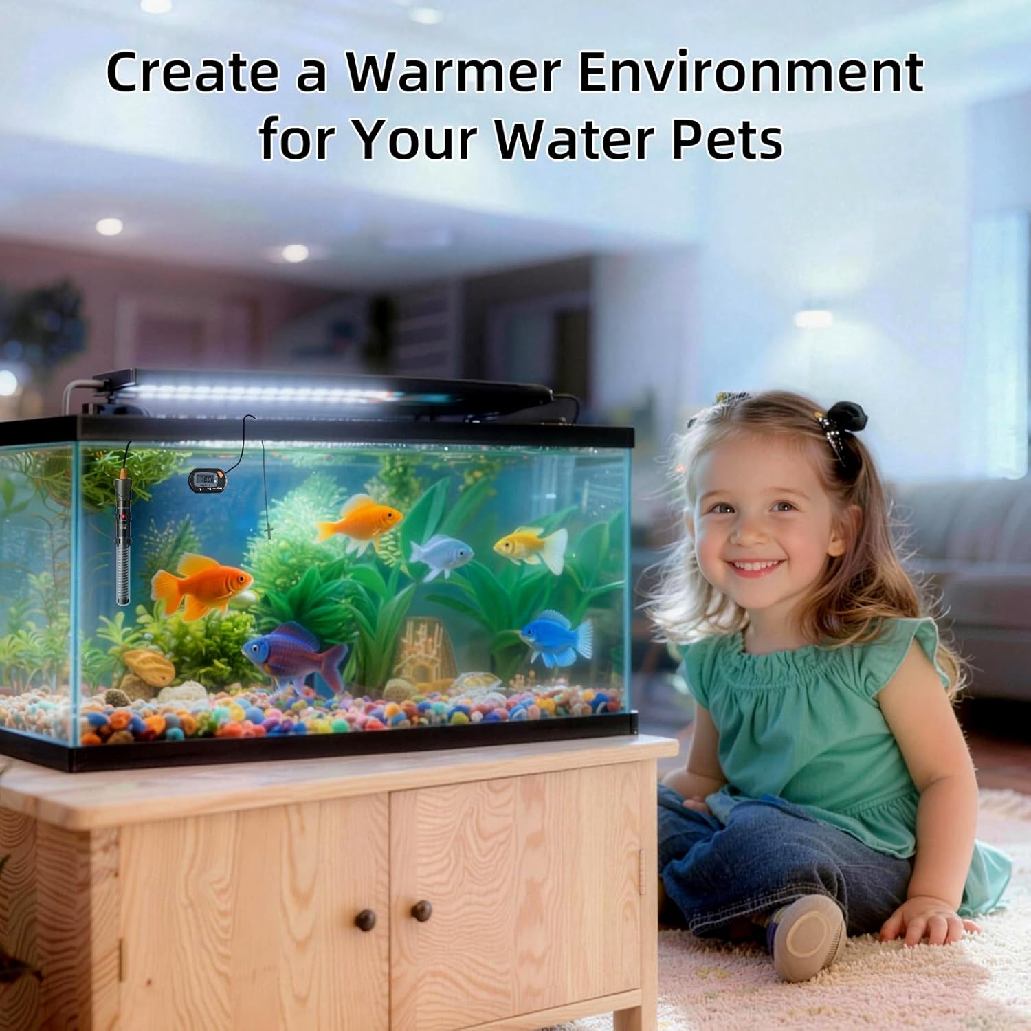 HiTauing adjustable aquarium heater in 25W to 300W, compact design for maintaining water temperature in fish tanks.