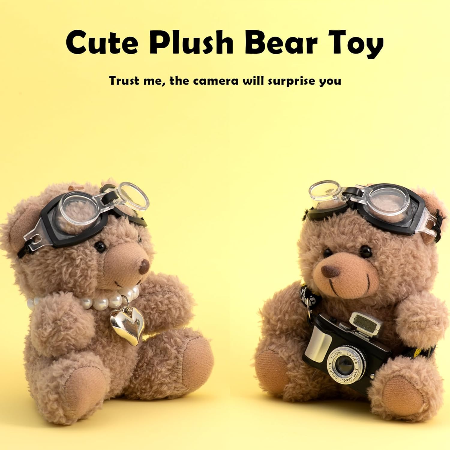 Two teddy bears with goggles and cameras on a yellow background, labeled 'Cute Plush Bear Toy'.