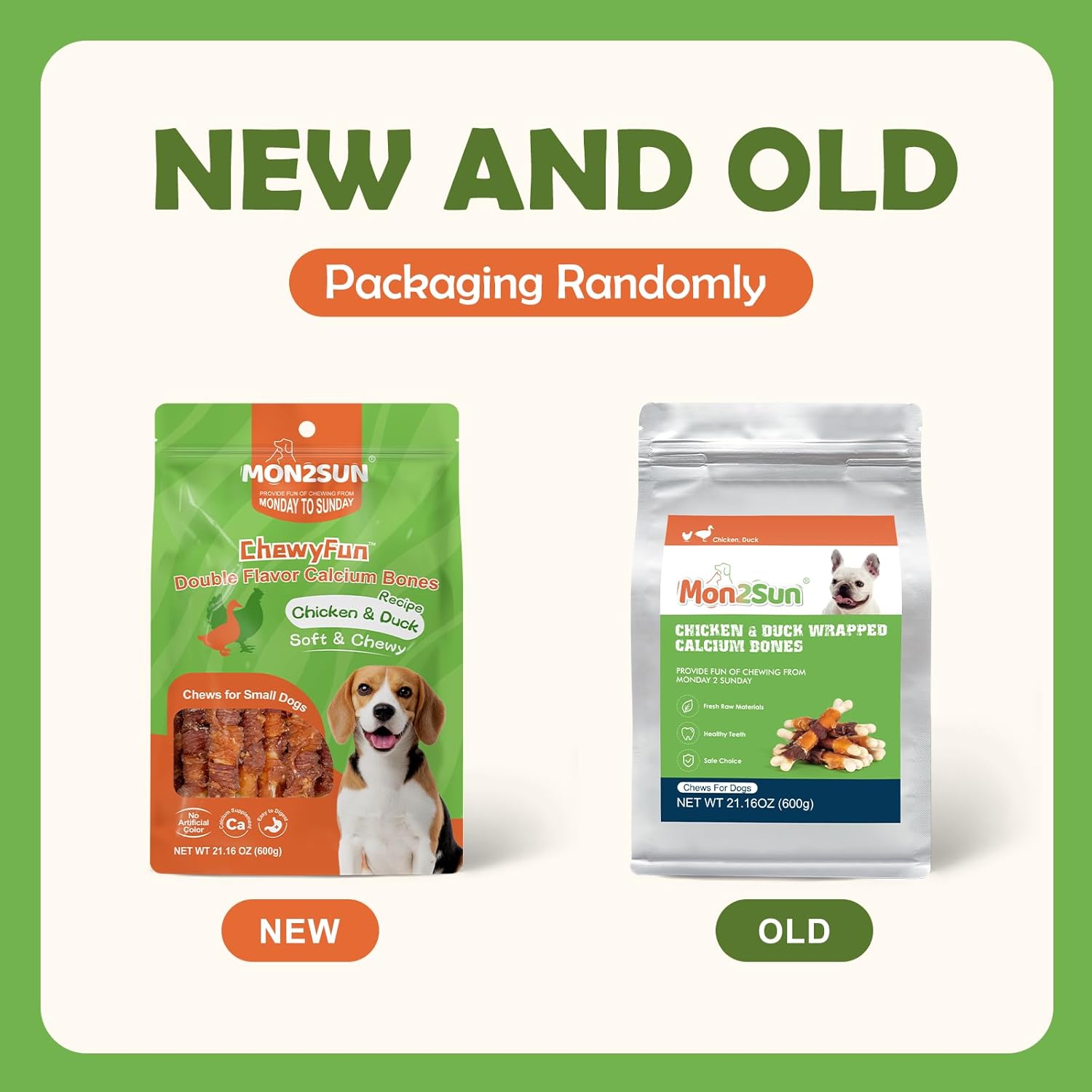 MON2SUN Double Flavor Dog Treats featuring 4-inch chicken and duck wrapped calcium bones with appealing textures.