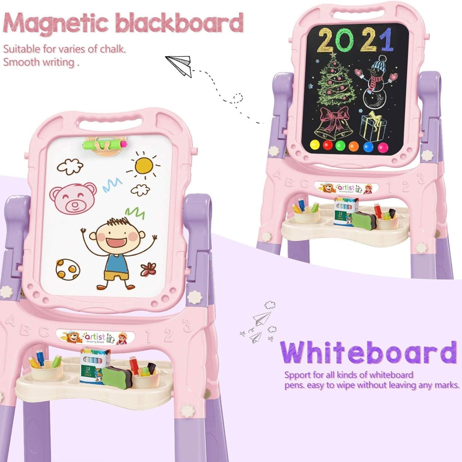 Pink and purple children's drawing board with blackboard and whiteboard sections, showing drawings and text.
