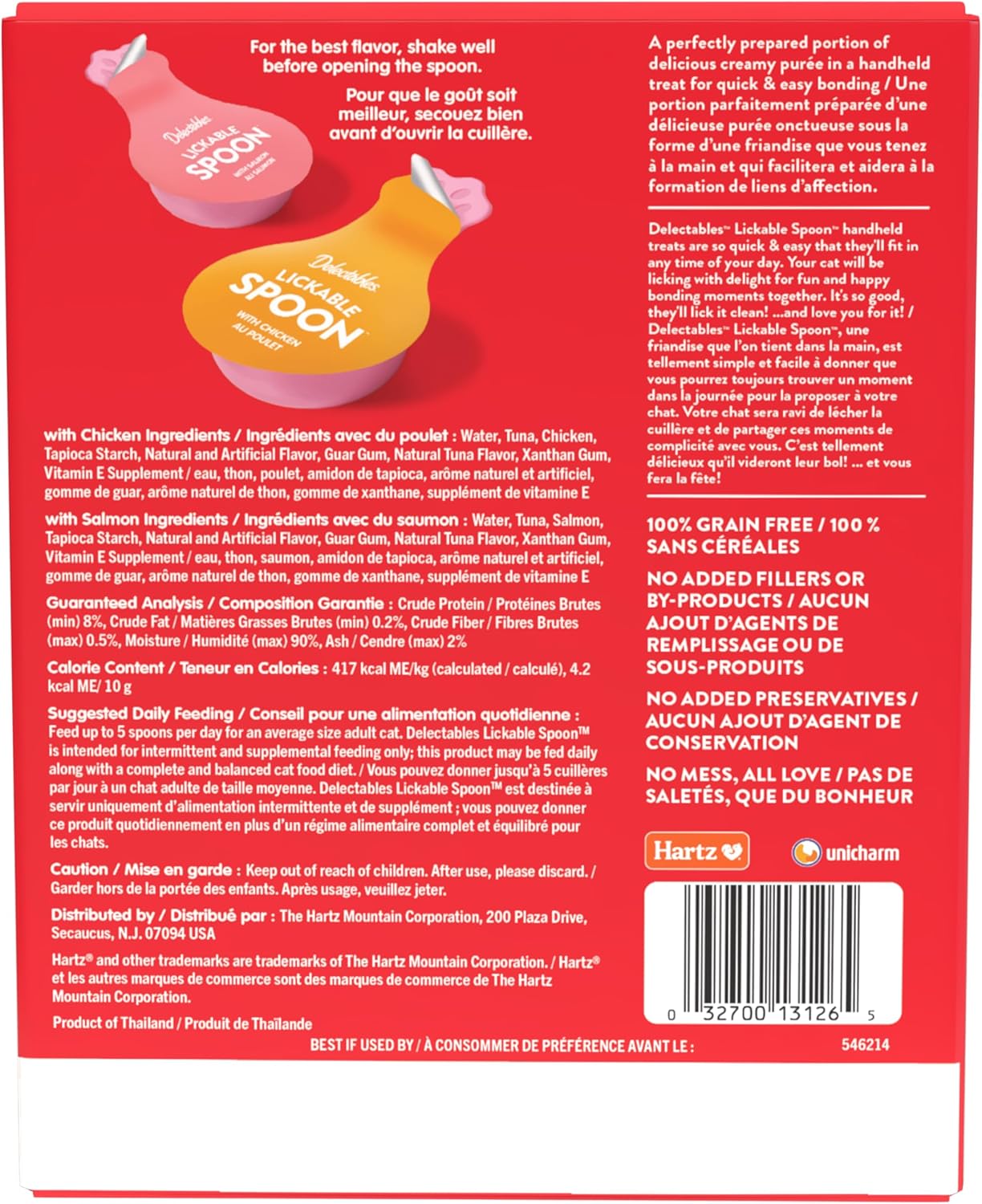 Delectables Lickable Spoon Wet Cat Treats with real chicken and salmon in a pack of 20, shown in the image.