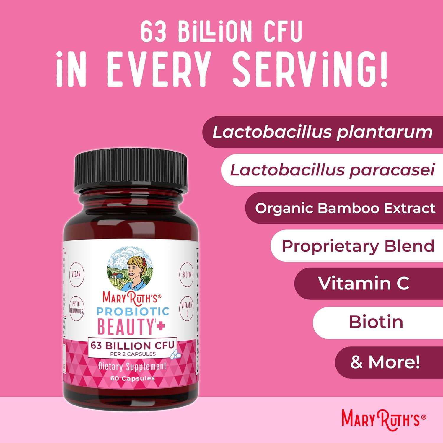 MaryRuth's Probiotic Beauty Capsules bottle showing vegan collagen support supplement with capsules and label.