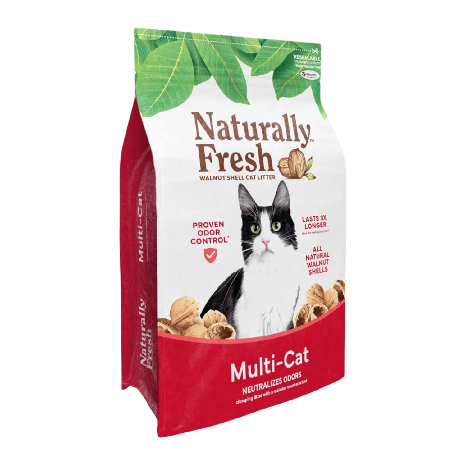 Naturally Fresh unscented cat litter made from walnut shells, designed for multi-cat households, with a natural appearance.