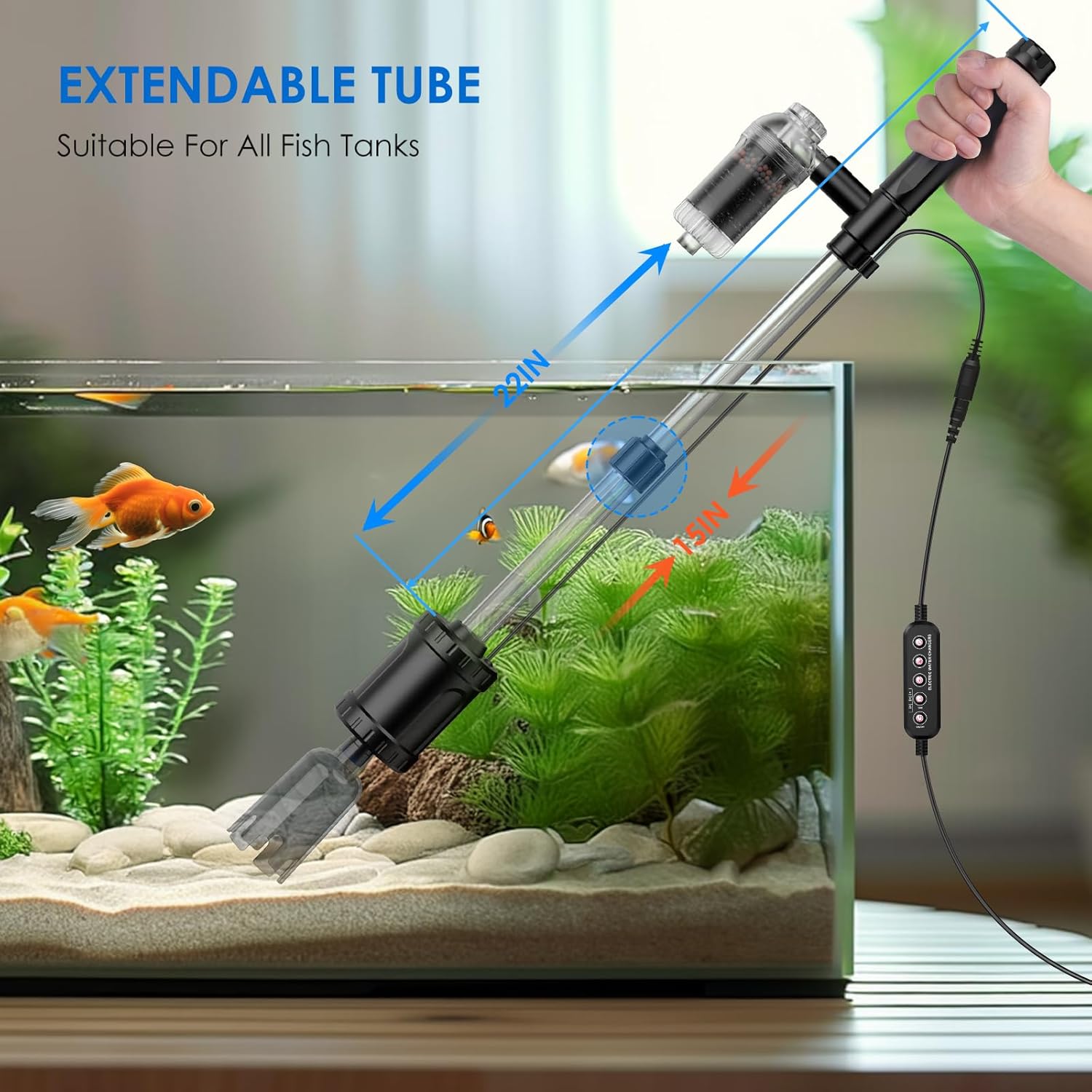 Suness 36W electric fish tank vacuum gravel cleaner showing a transparent hose and gravel in an aquarium setup.