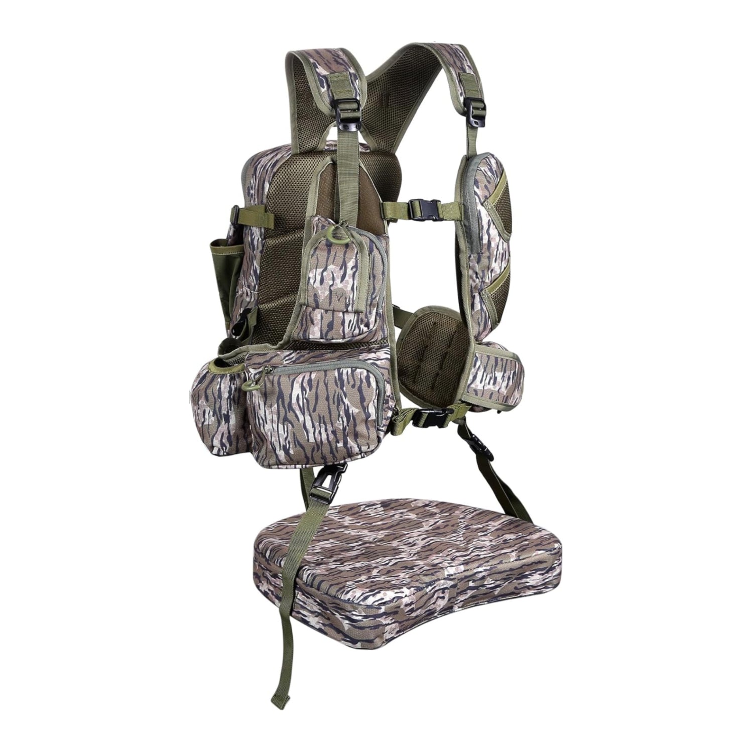 UIIHUNT lightweight turkey hunting vest with seat and game pouch, featuring multiple storage pockets and adjustable straps.
