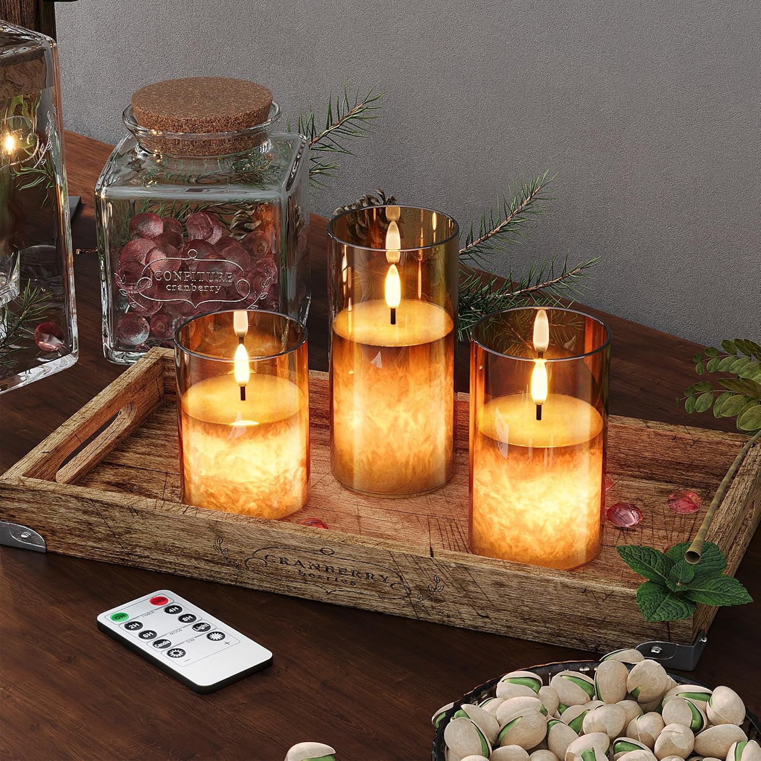 Ice Crystal Real Wax Glass Flameless Candles with Remote & Timer, Battery Operated Candles