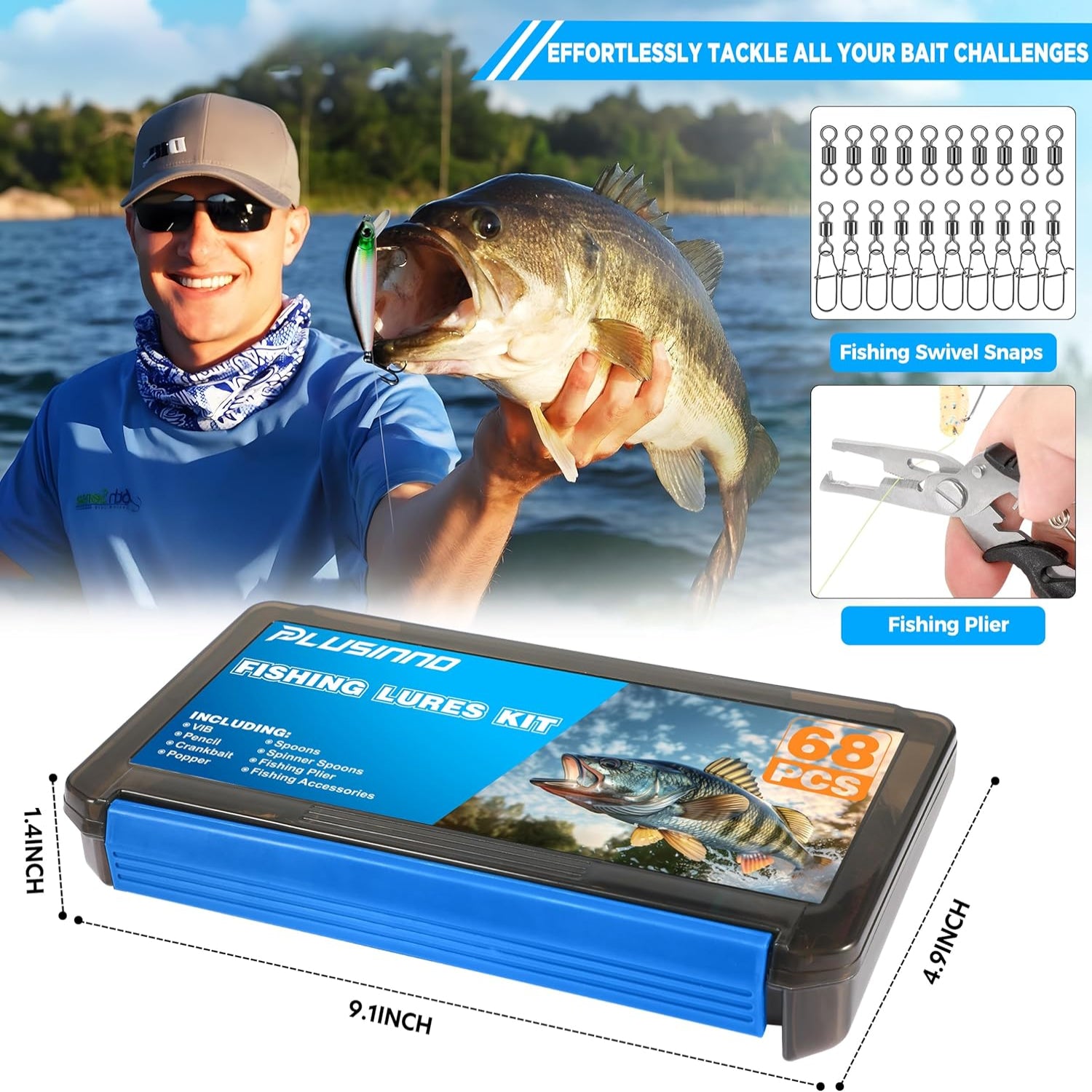 PLUSINNO fishing tackle box with colorful bass and trout fishing lures, ideal for men’s fishing gifts and bass or trout fishing.