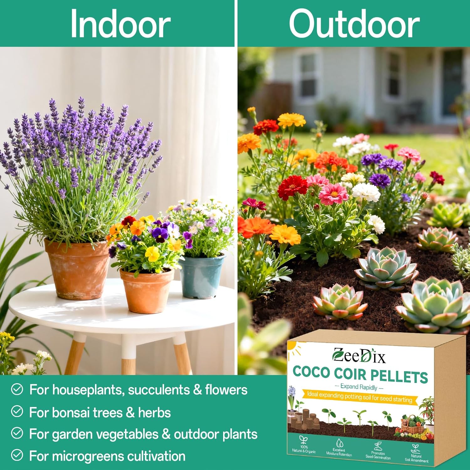 ZeeDix 200pcs 30mm coco coir pellets for potting soil, suitable for indoor plants, shown in a close-up image.