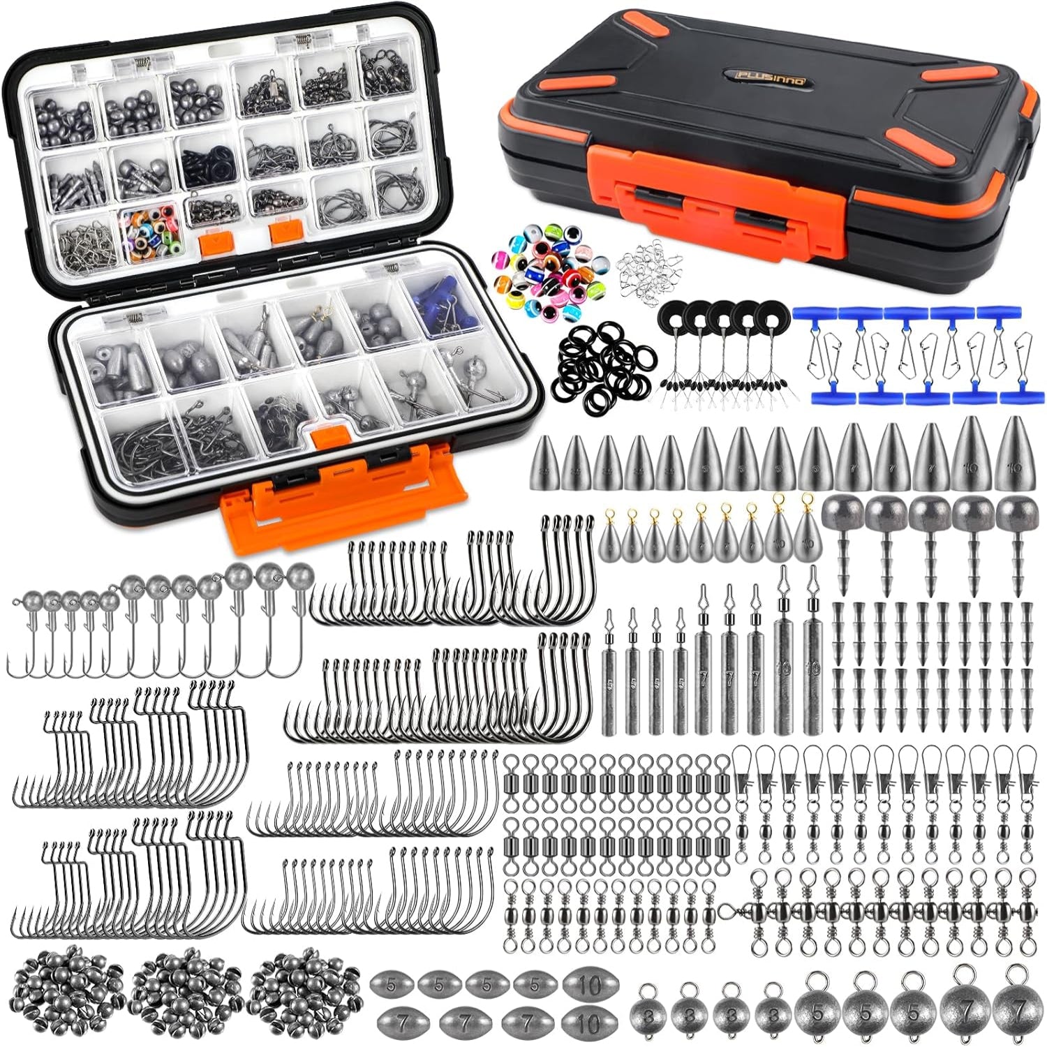 PLUSINNO fishing accessories kit with organized tackle box, includes 264/397pcs fishing tackle and gear for anglers.