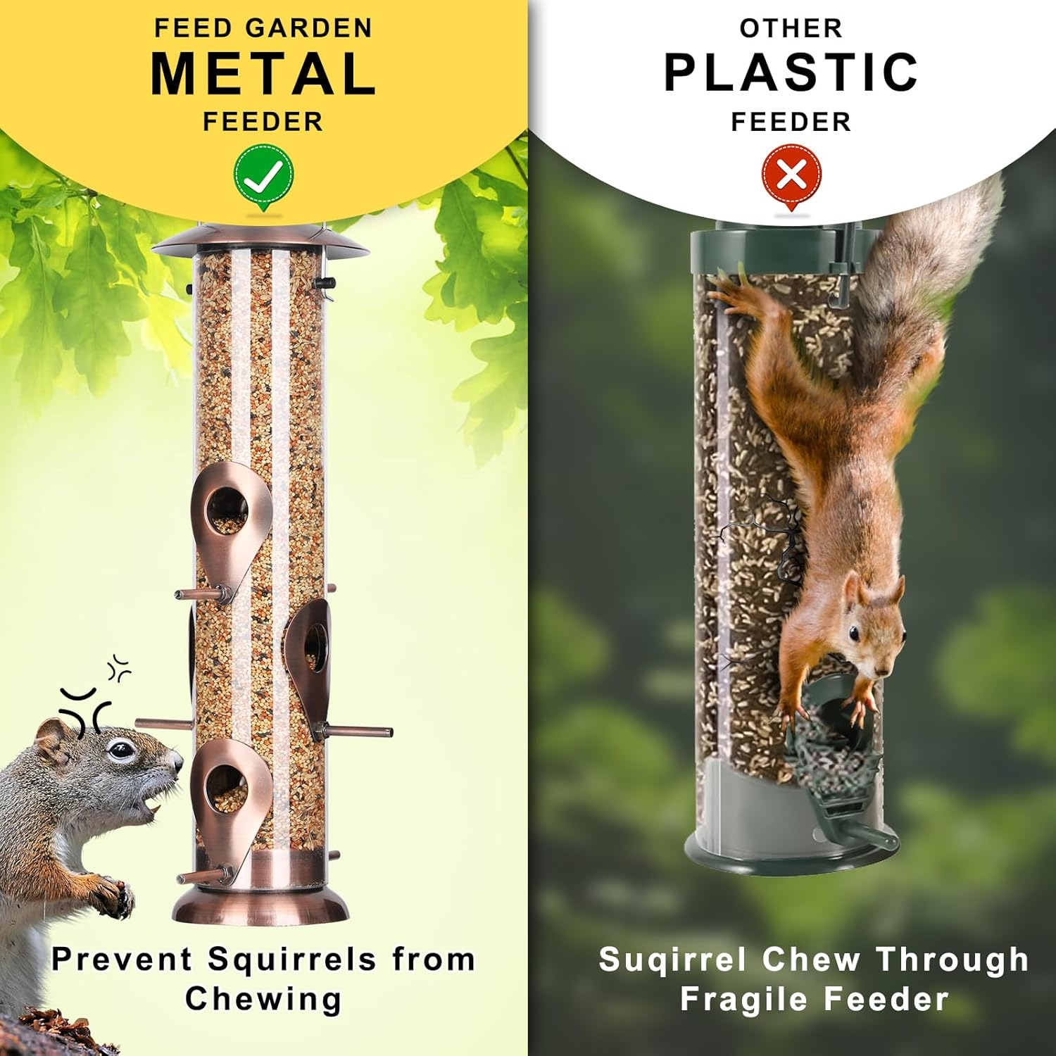 FEED GARDEN metal bird feeder with 6 feeding ports, outdoor heavy-duty tube design, squirrel-resistant, black finish