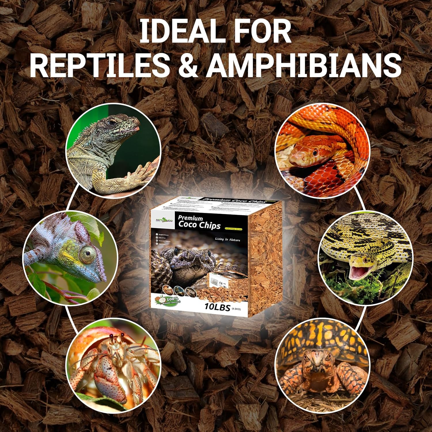 REPTI ZOO 72 Quart coconut chip substrate for reptiles, showing coconut husk bedding in a clear container with textured chips.